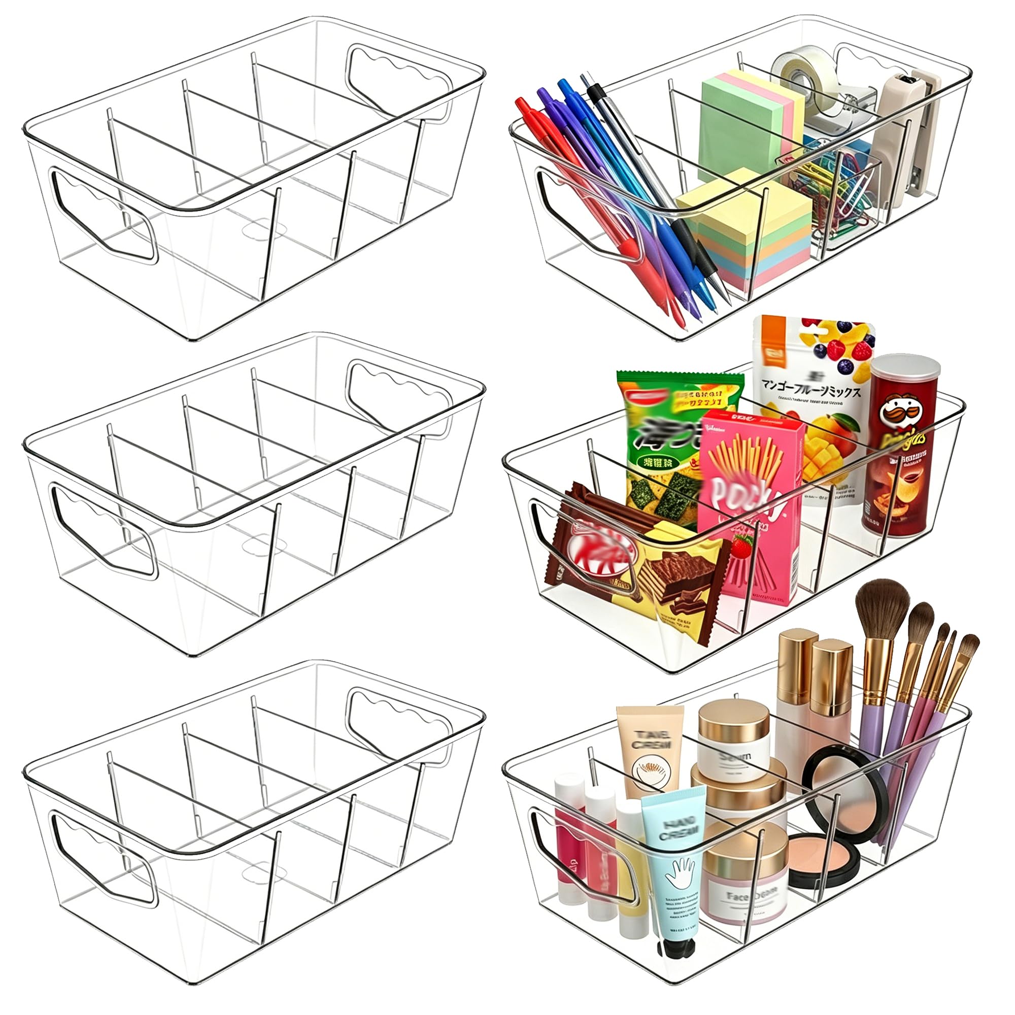 SPACELEAD 6 Pack Clear Pantry Organization Storage Bins with Dividers