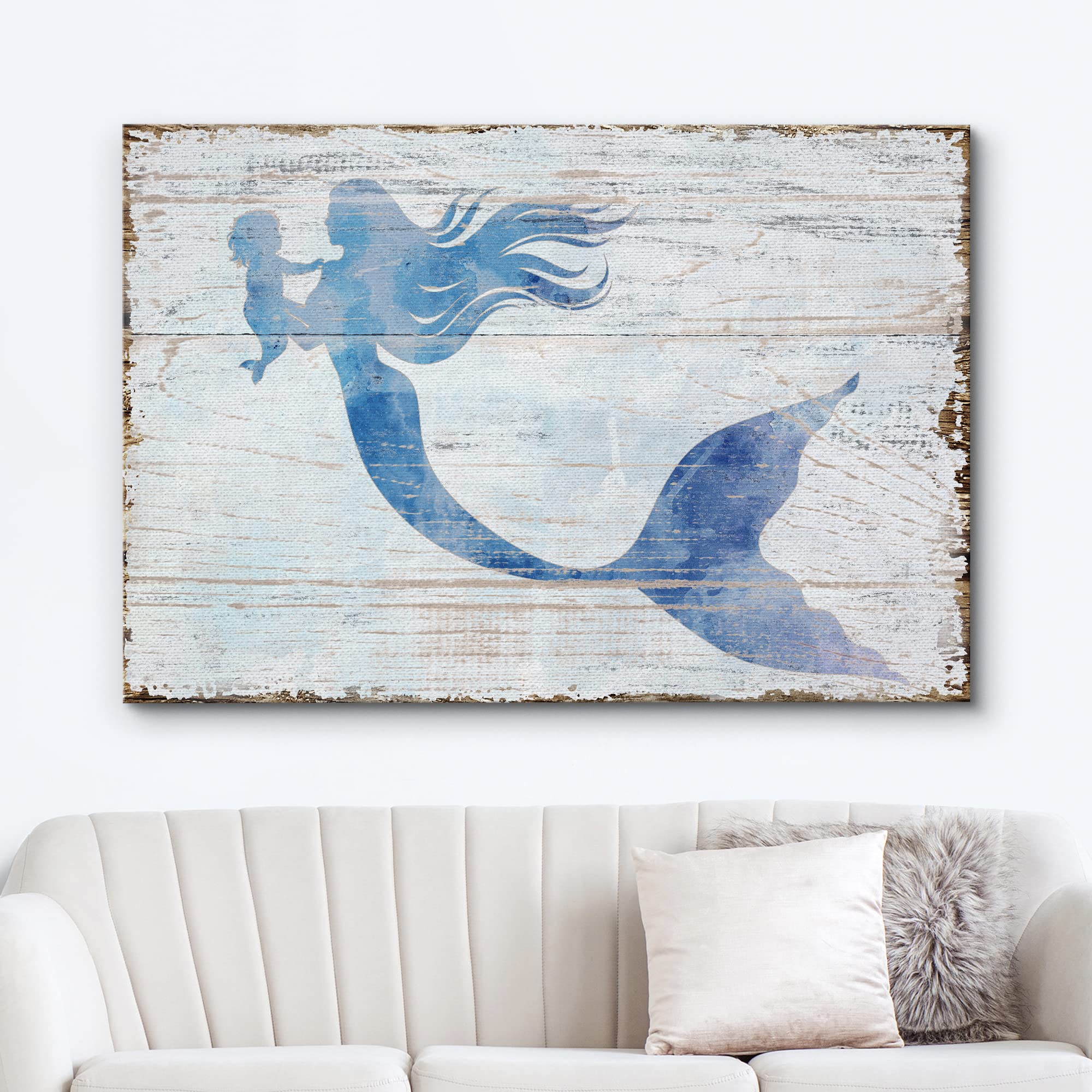Wall26 Canvas Print Wall Art Mermaid & Baby Silhouettes On Wood Panels Fantasy & Sci-Fi Ocean Illustrations Modern Art Rustic Sc