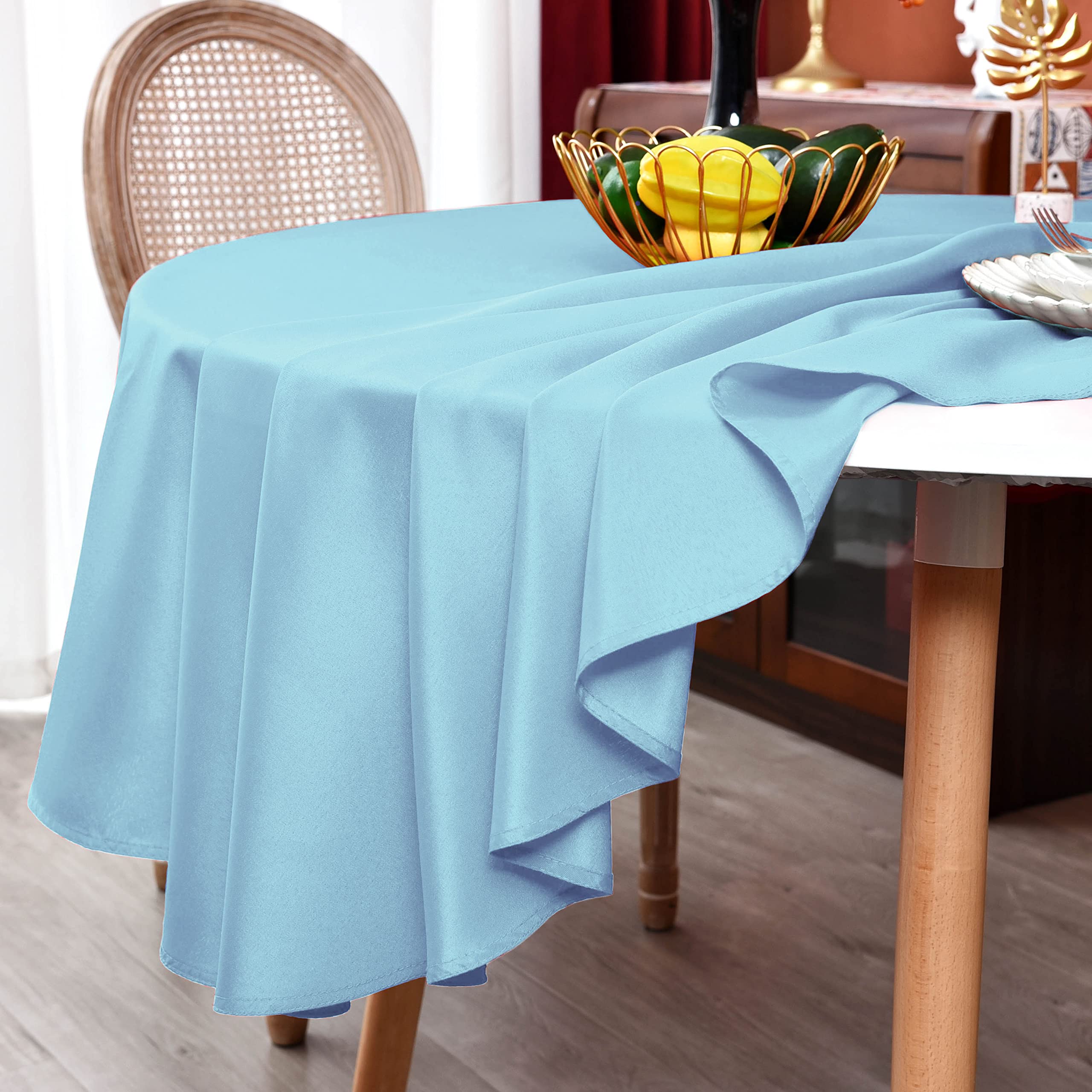 MEANMOY Baby Blue 210 GSM Water & Stain Resistant Round Tablecloth for Circle Table - Solid 60 Inch Table Cloth Cover in Wrinkle Free Durable Washable Polyester Fabric for Wedding  Party  Banquet