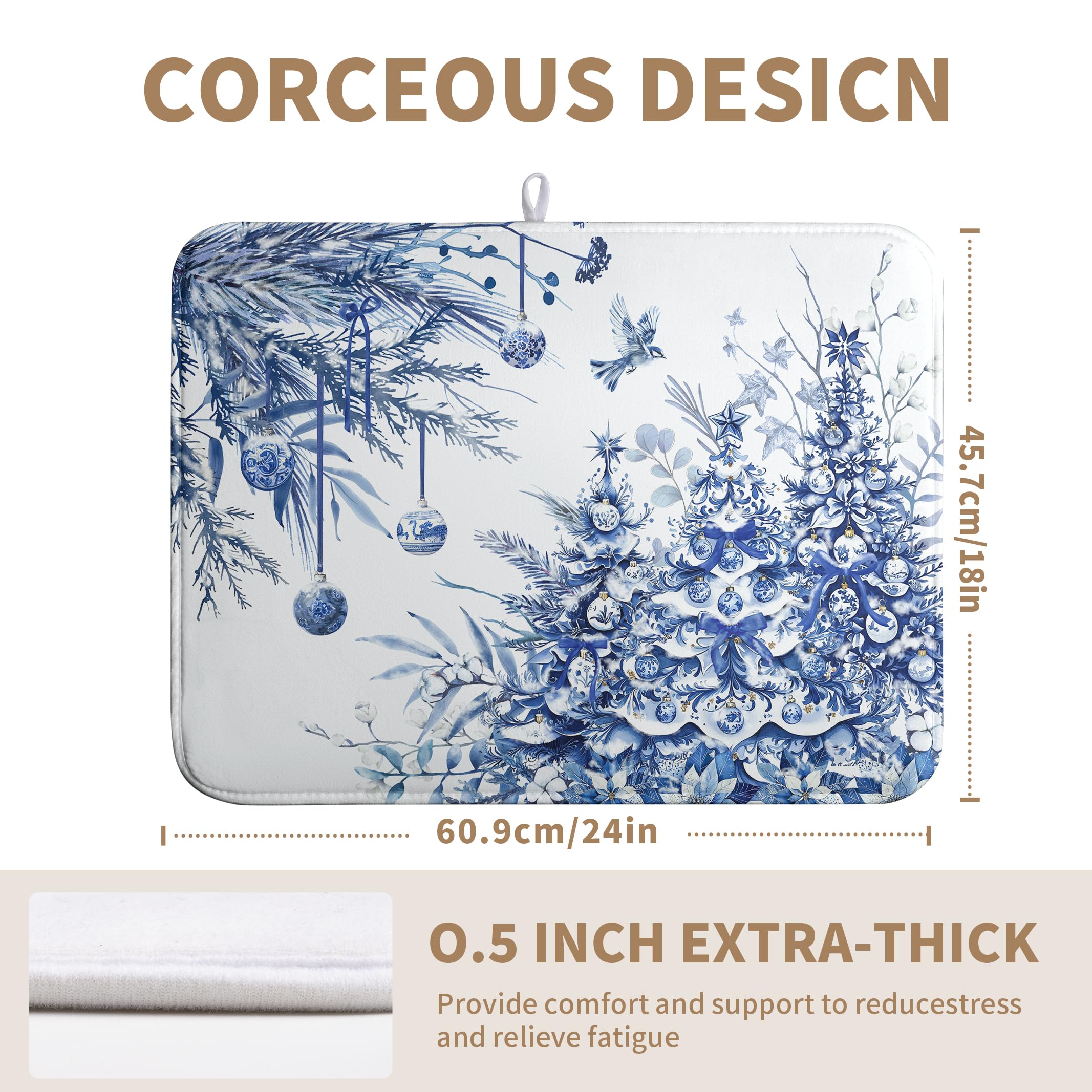 Wnoesat Christmas Tree Dish Drying Mat for Kitchen Counter 18x24 Inch Blue White Chinoiserie Winter Xmas Holiday Drying Mats Mic
