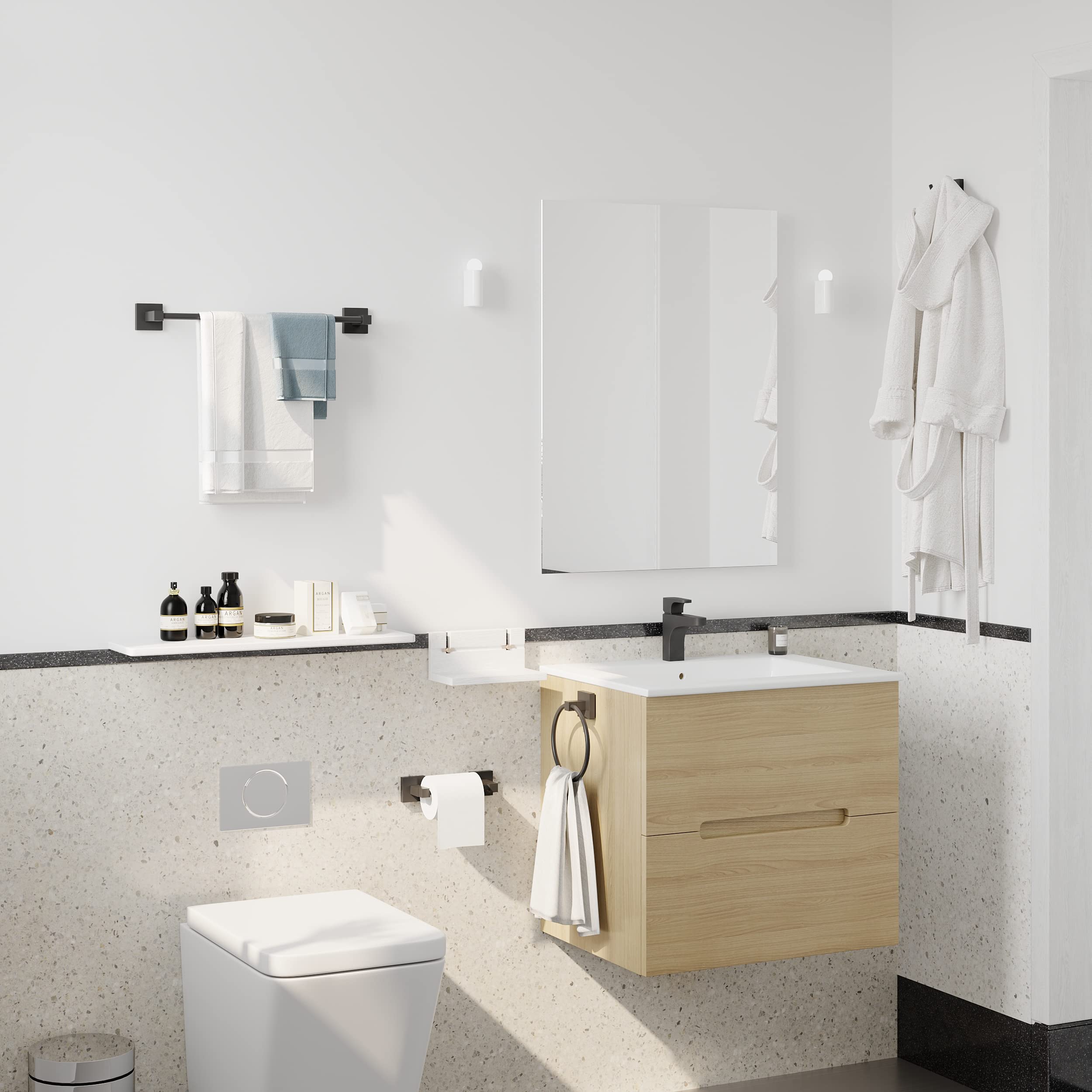 Ruacq 4 Pieces Bathroom Hardware Set Matte Black Square Stainless Steel And Zinc Alloy Modern Wall Mounted,18-Inch Towel Bar,Toi