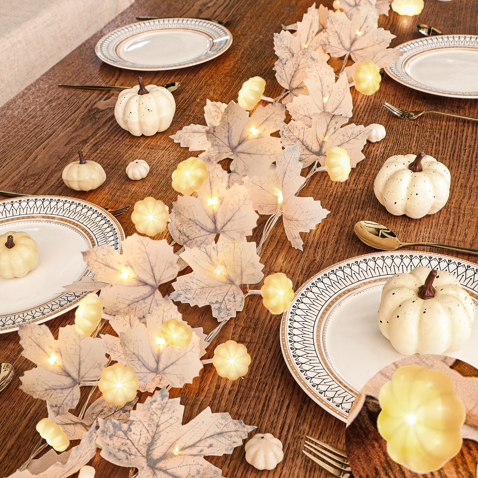 3D Pumpkin Lights & 60 LED, 2 Pack Thanksgiving Garland Fall Decor, Total 20Ft Maples Leaf Garland Fall Lights Thanksgiving Deco