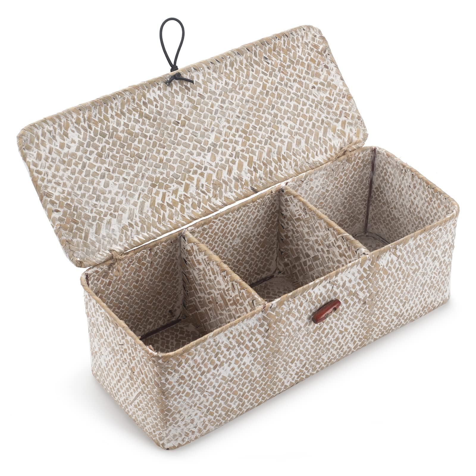 Seagrass Storage Basket With Lid Rectangular Small Woven Shelf Baskets With Sections For Organize Snack Toys Whitewash