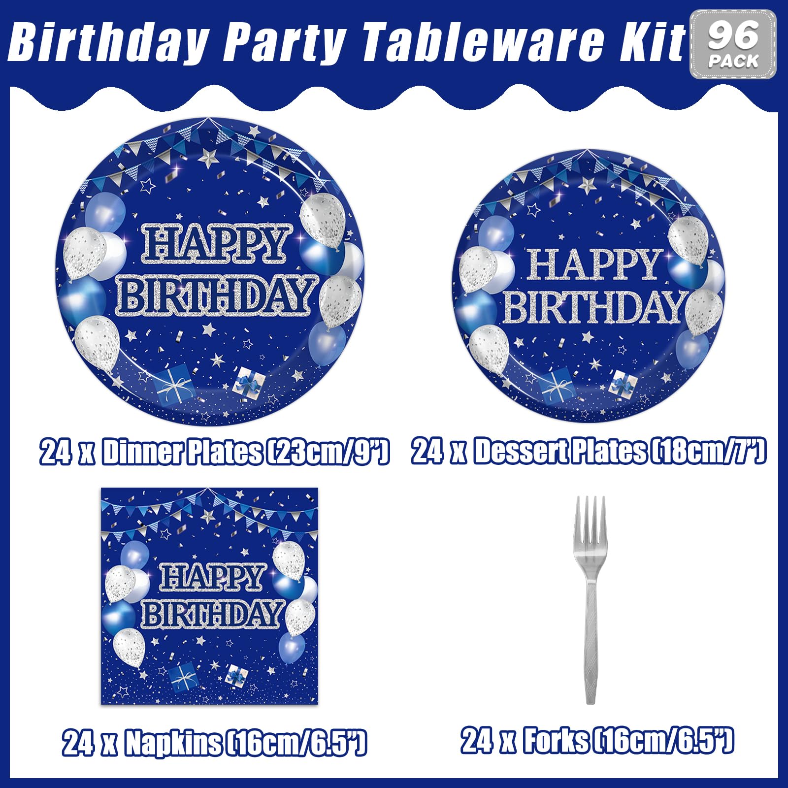Kepeel 96Pcs Blue Birthday Party Tableware Set, Navy Blue And Silver Birthday Party Decorations Supplies For Men Women Birthday