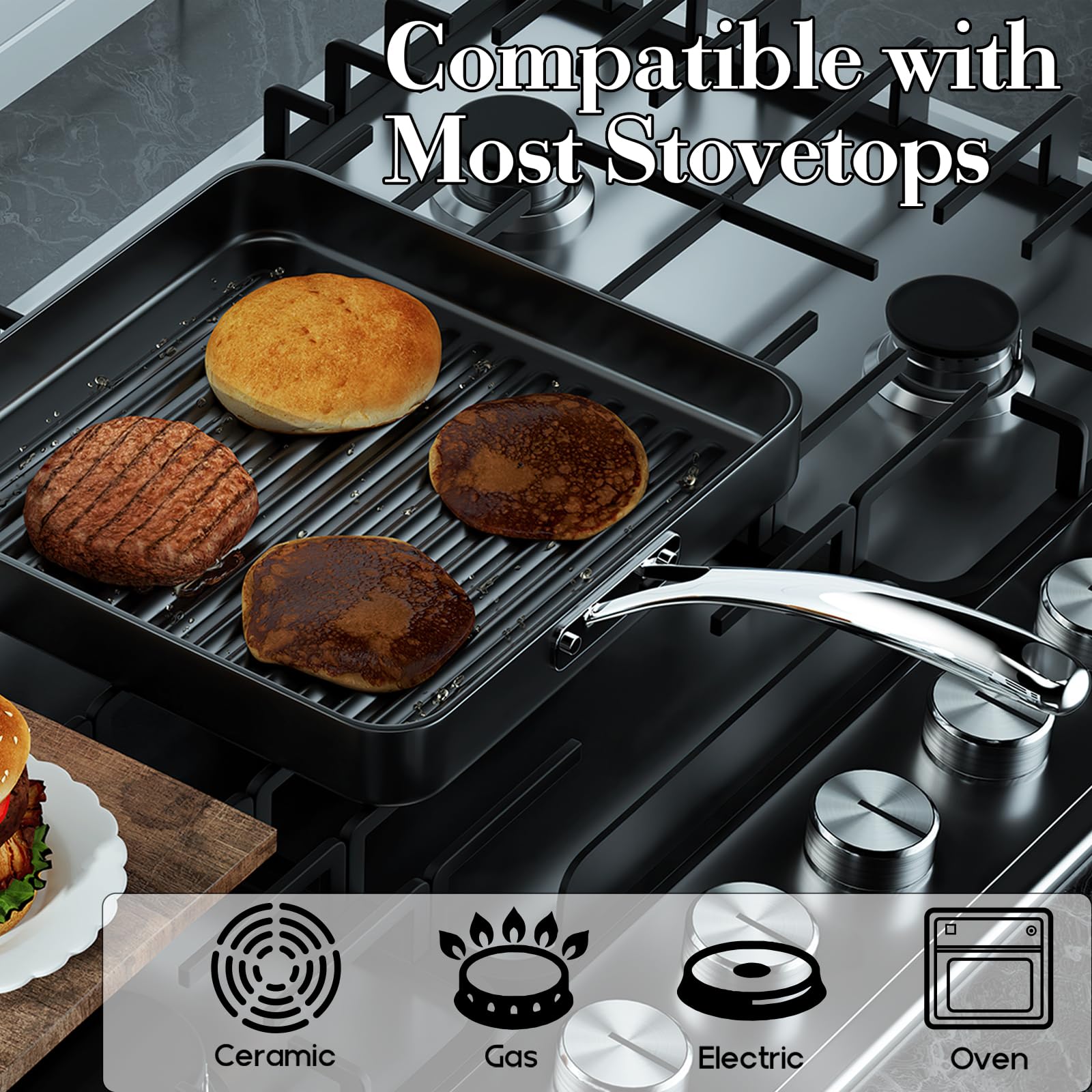 Cooks Standard Nonstick Square Grill Pan 11 X 11-Inch, Hard Anodized Grilling Skillet Pan Cookware For Camping, Home Use
