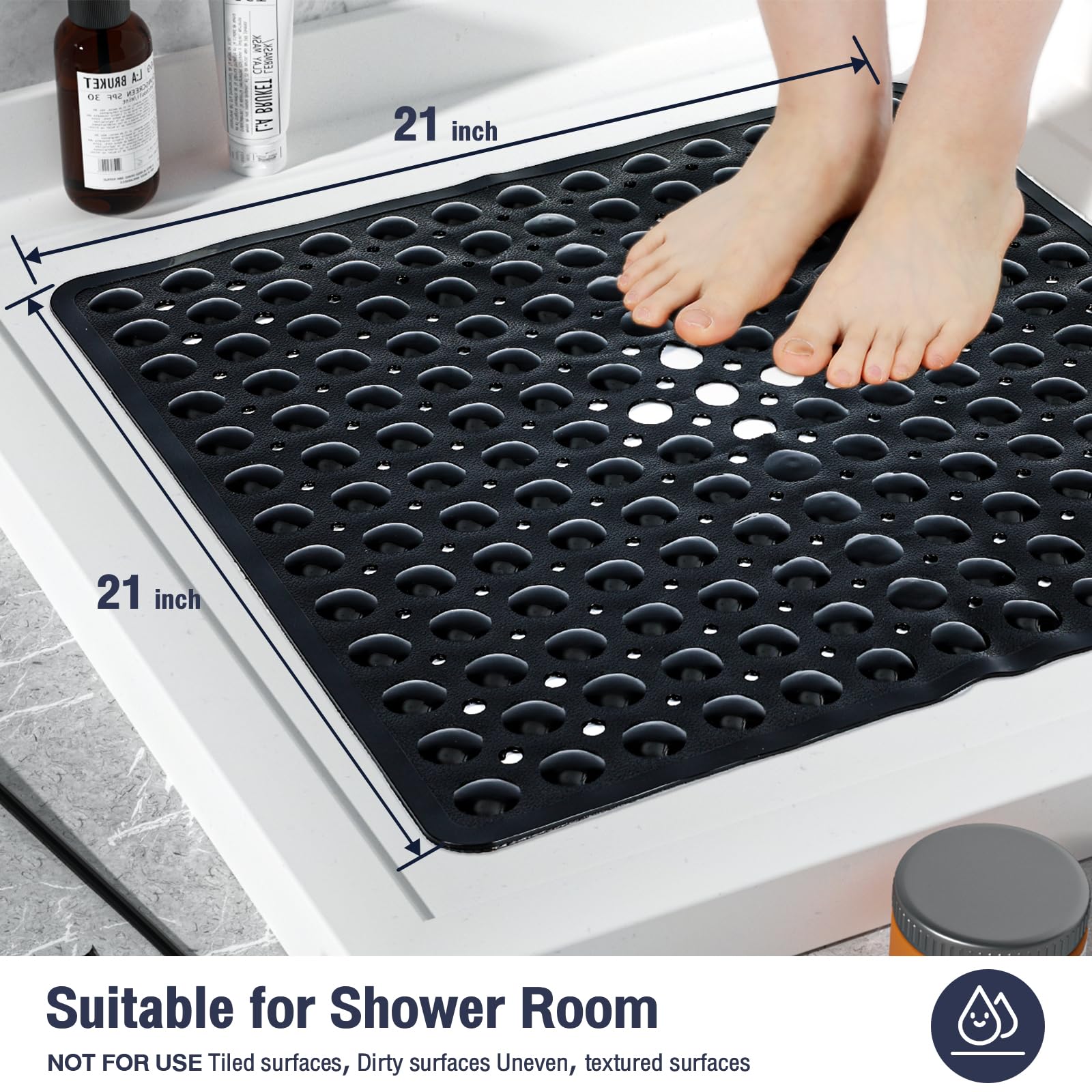 Naoloture Black Square Shower Bathtub Mat Non Slip 21X21 Inch, Soft Bath Mat For Inside Shower Tub, Shower Stall Mats For Bathro