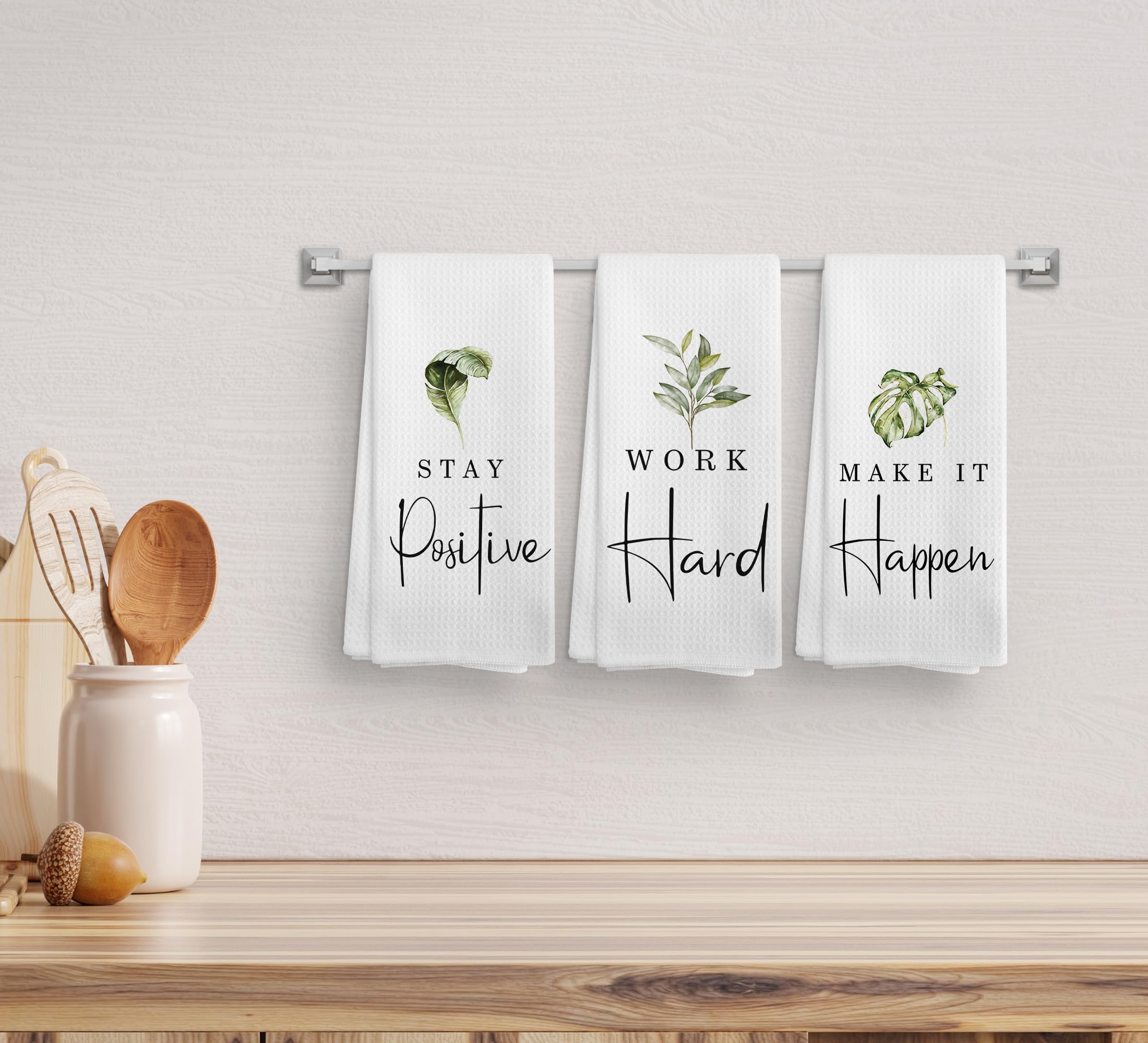 Noql Stay Positive Work Hard And Make It Happen Green Leaf Kitchen Towel And Dishcloths Set Of 3,Inspirational Quotes Absorbent