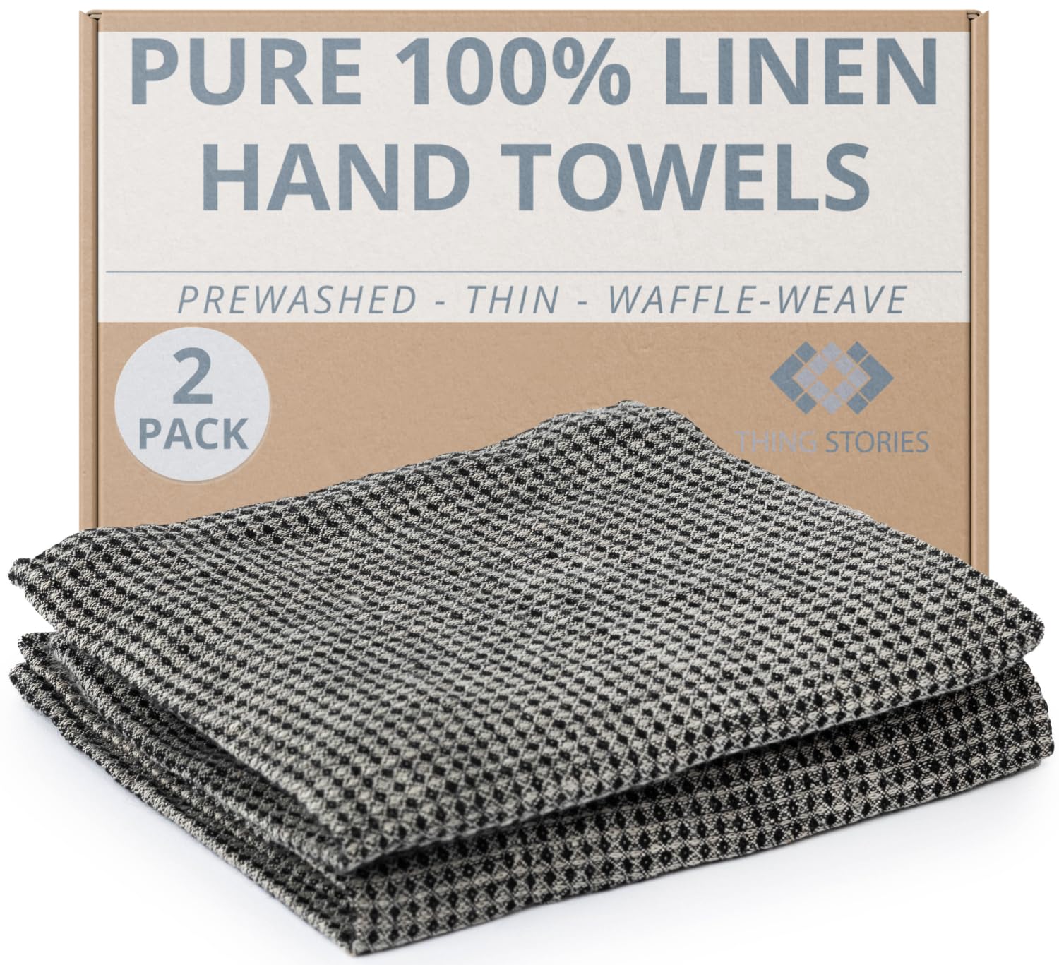 Pure 100% Linen Hand Towels - Set Of 2 Linen Kitchen Towels Waffle Weave Black-Natural - 13 X 29-Inch Soft Lightweight Stone-Was