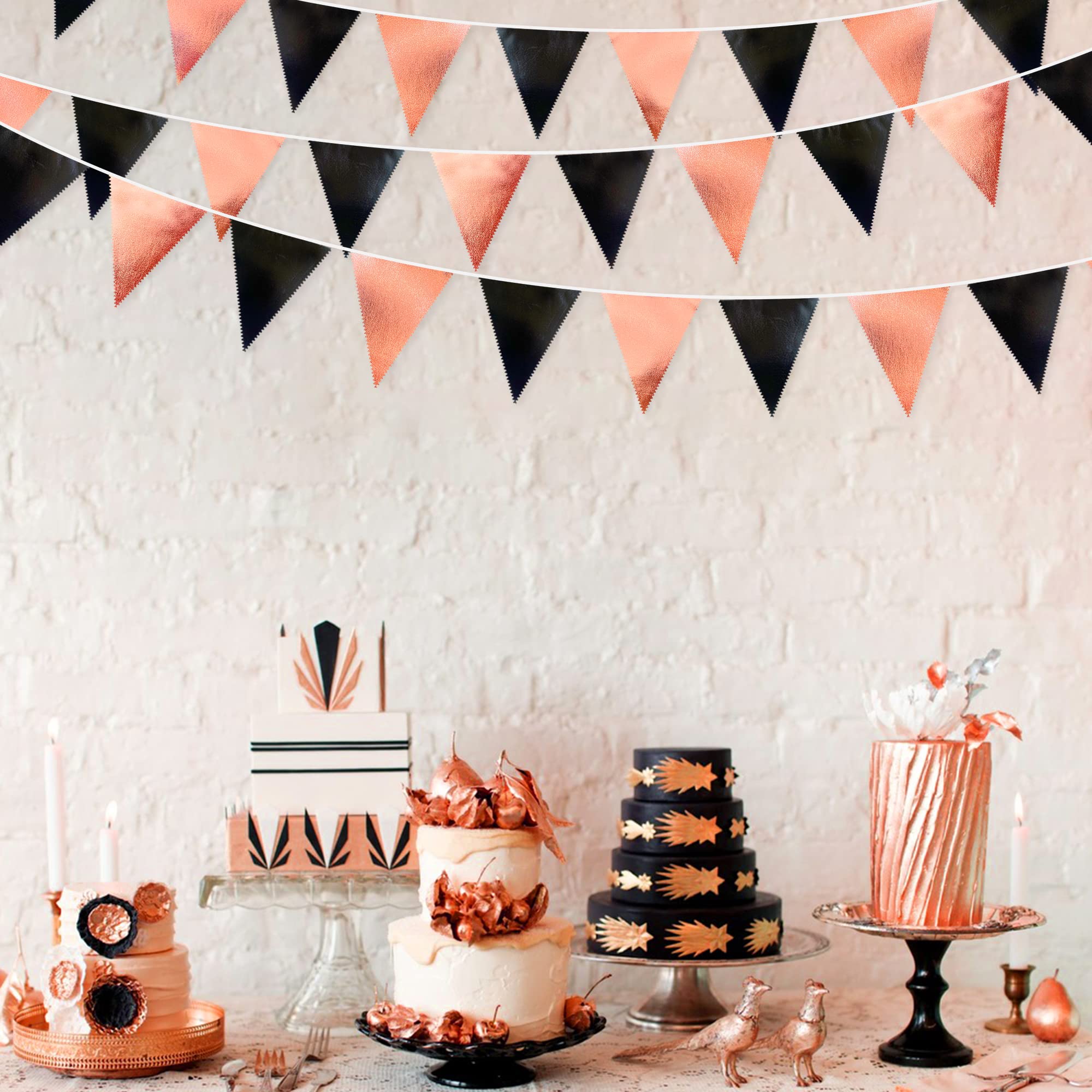 Black Rose Gold Party Decorations Triangle Pennant Banner Flag Rose Gold Black Metallic Fabric Bunting Garland For Graduation Bi