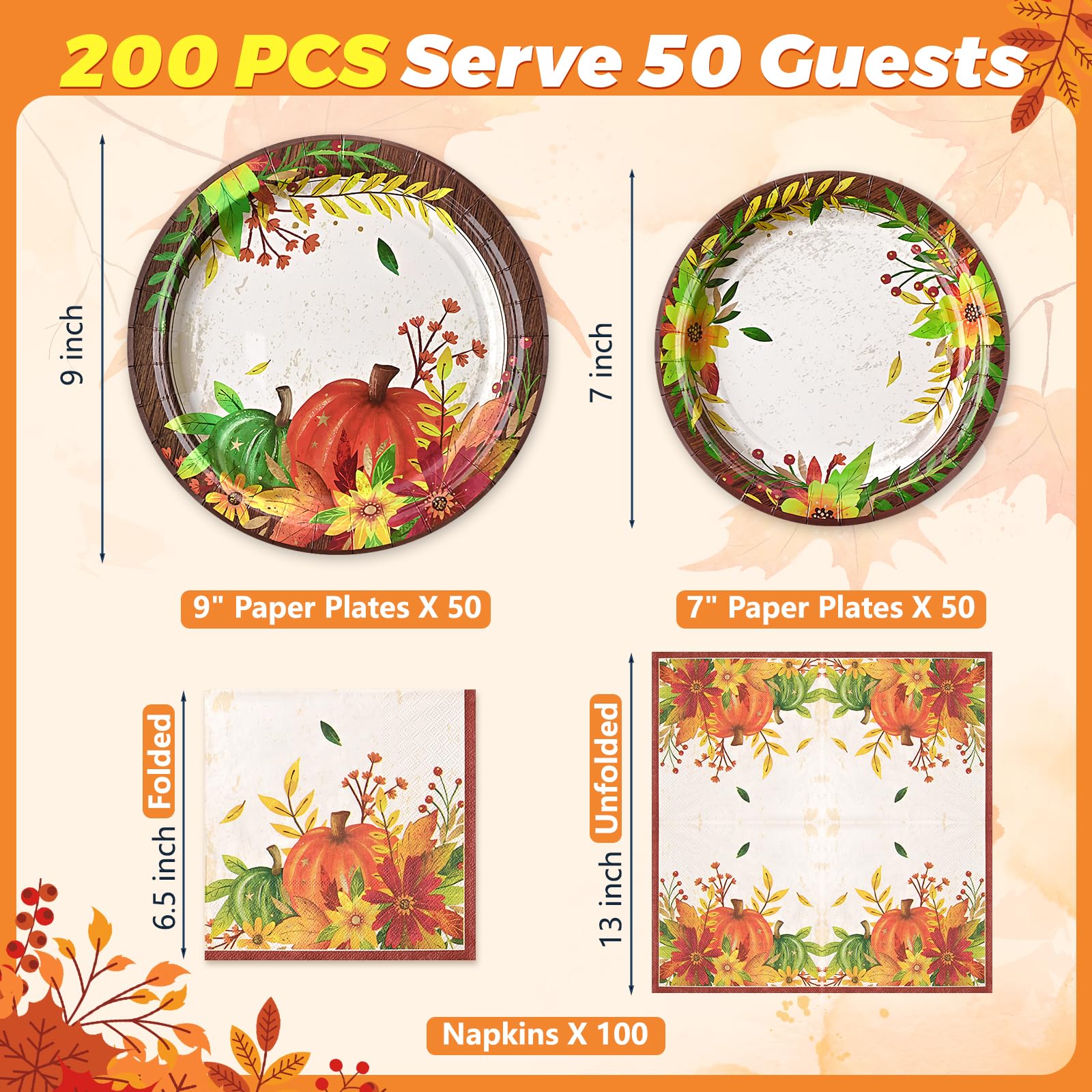 Homlouue 200 Pcs Fall Paper Plates and Napkins, Thanksgiving Plates and Napkins Sets, Fall Pumpkins Plate Disposable Party Suppl