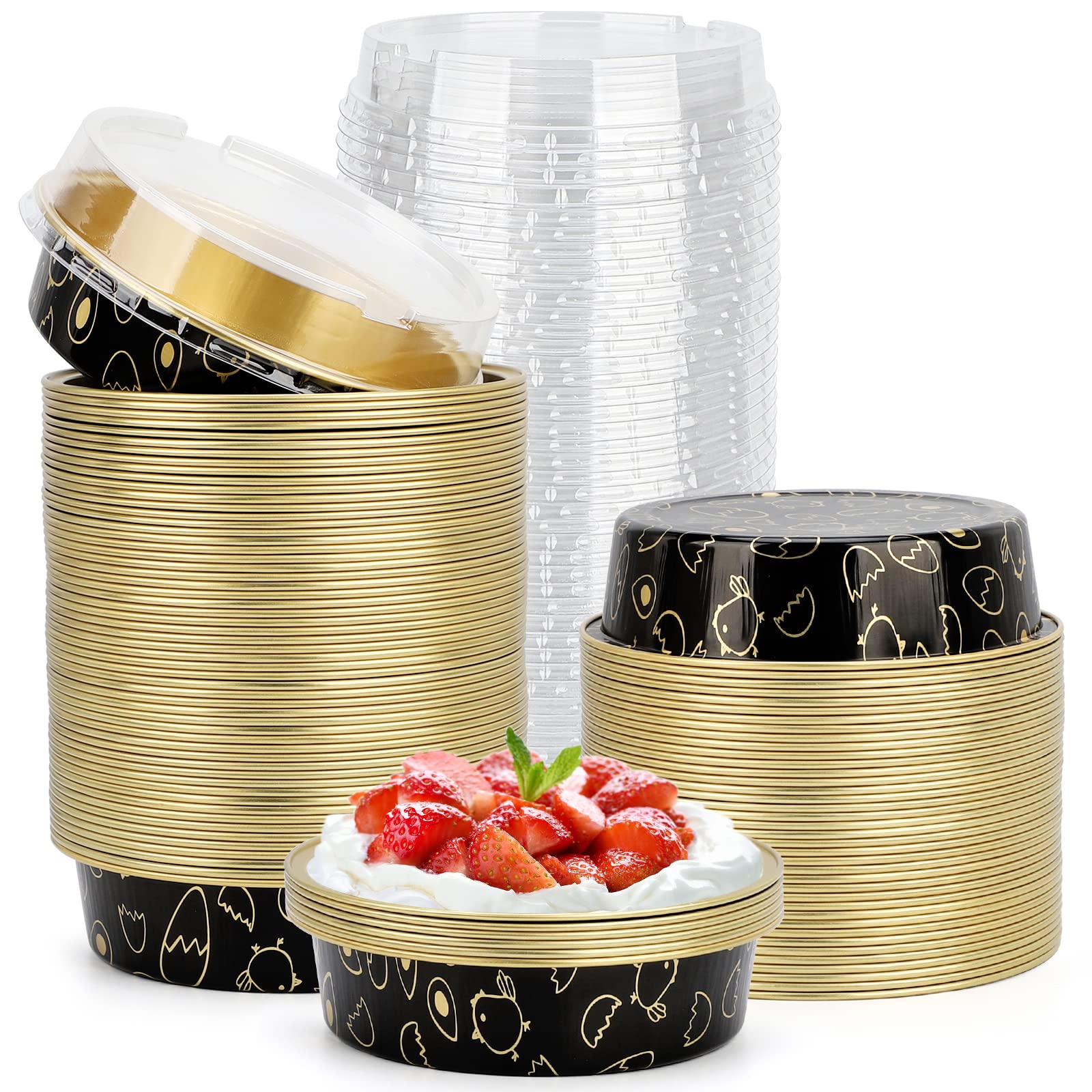 Beasea Mini Tart Pan 100 Pack With Lids, 4 Inch 8Oz Gold Black Disposable Aluminum Baking Foil Tins Small Round Tart Containers