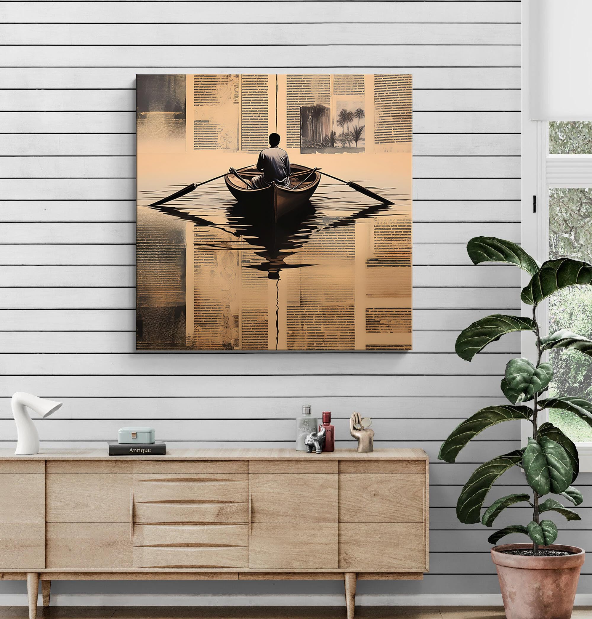 999Store Solitary Voyage: A Thoughtful Rowing Boat Canvas Painting Reflecting Artistic Introspection, Perfect For Symbolic Journ