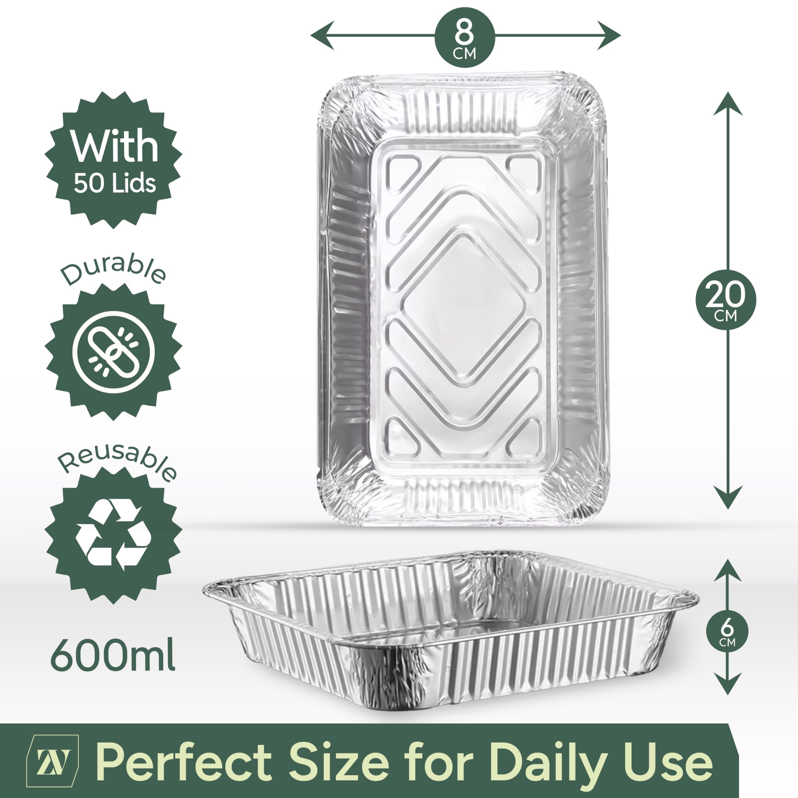 Large Aluminium Pans with Lids 8x4 In - (50 Pack) Disposable Foil Pan Food containers - Best Tin Pans for Takeaway  Baking  Frozen & Food Storage