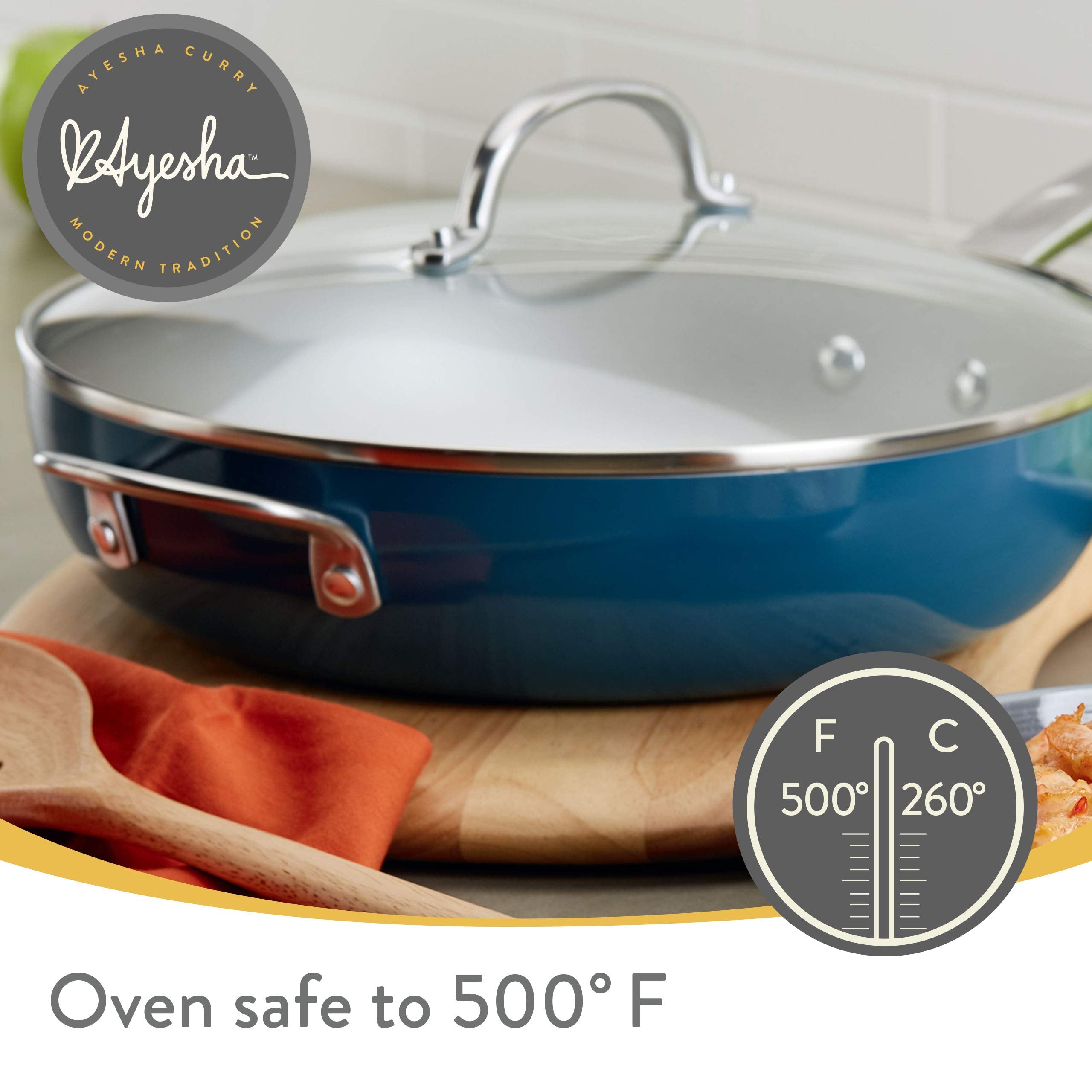 Ayesha Curry Nonstick Deep Skillet, 12 Inch Porcelain Enamel Frying Pan, Brown Sugar, Model 10764, Glass Lid, Helper Handle