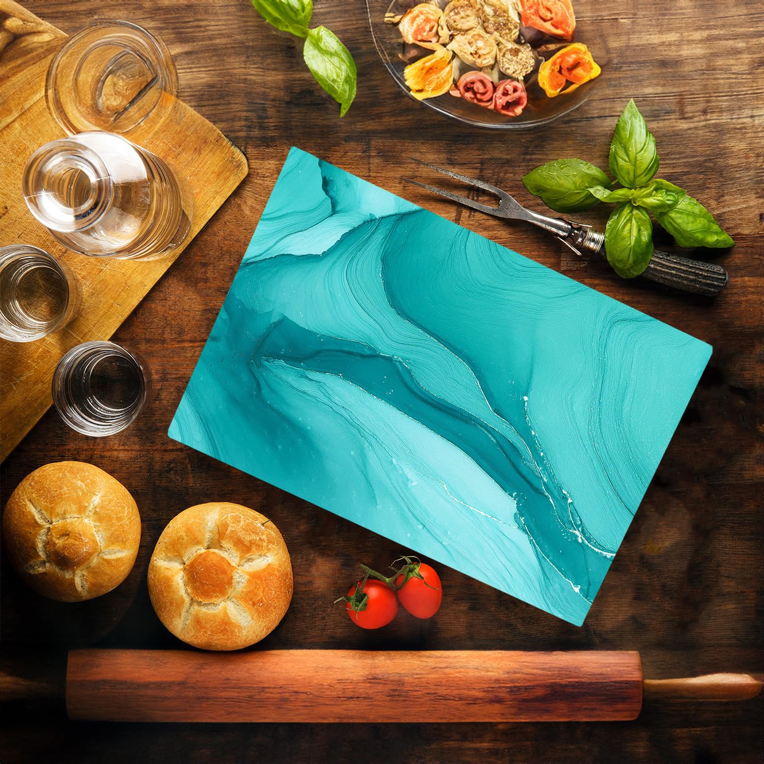 Aqua Blue Marble Kitchen Glass Cutting Board Ocean Decorative Gift Marbled Granite Stone Rock Gift For Her Mom Wife (Aqua Marble