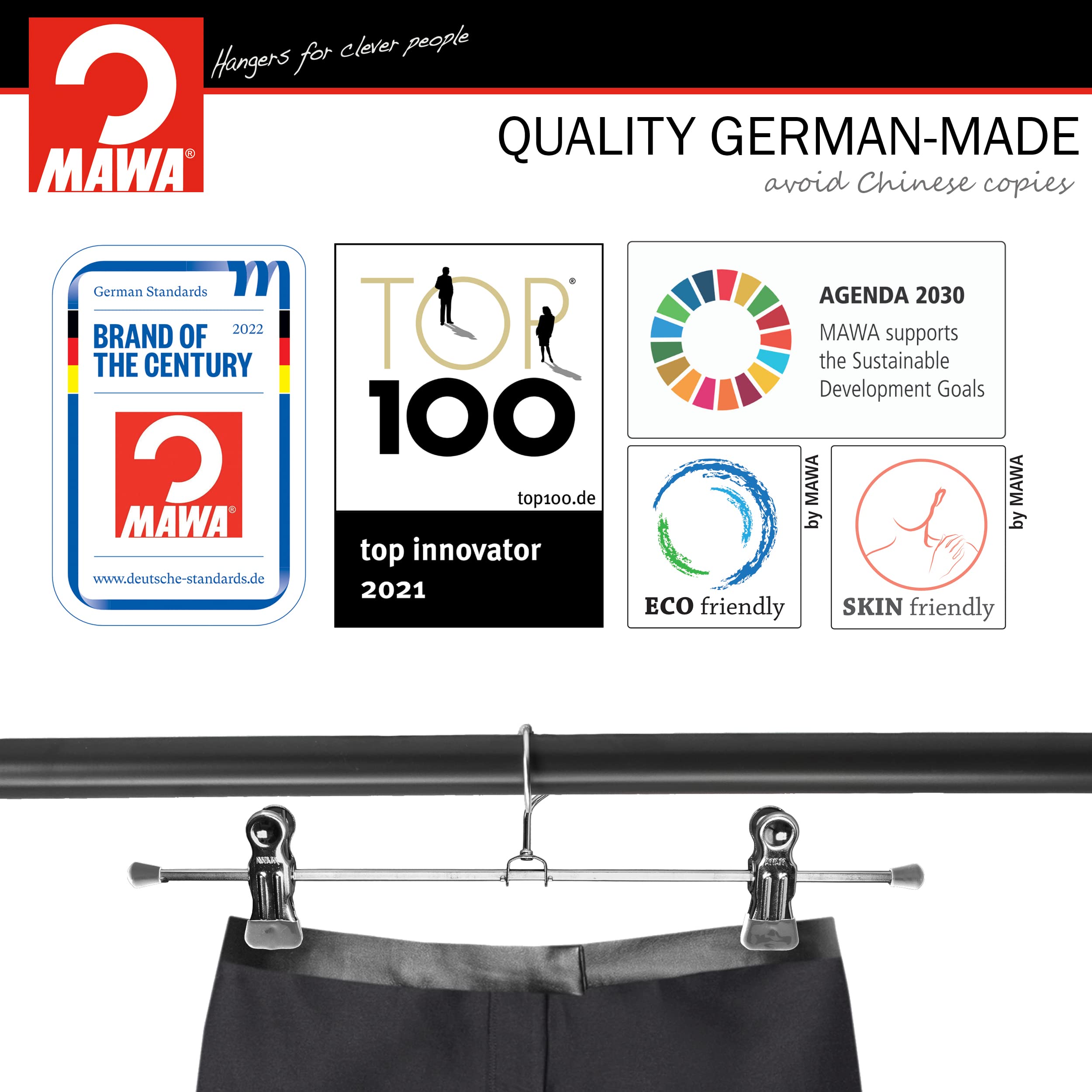 Mawa By Reston Lloyd Non-Slip Space-Saving Clothes Hanger For Pants & Skirts With Two Non-Slip Clips, Style K/30D, 12-Inch, Set