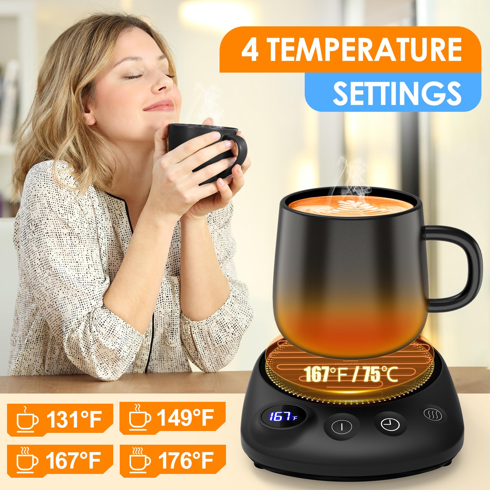 KitchekShop Coffee Mug Warmer - Fast Heating Beverage Warmer with 4 Temp Settings, Auto Shut Off, Black