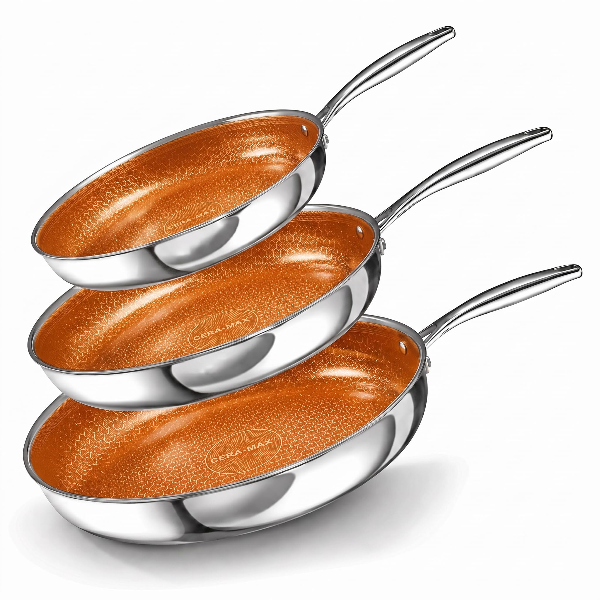 CERAMAX by GOTHAM STEEL 3Pc Hybrid Stainless Steel Non Stick Frying Pan Set