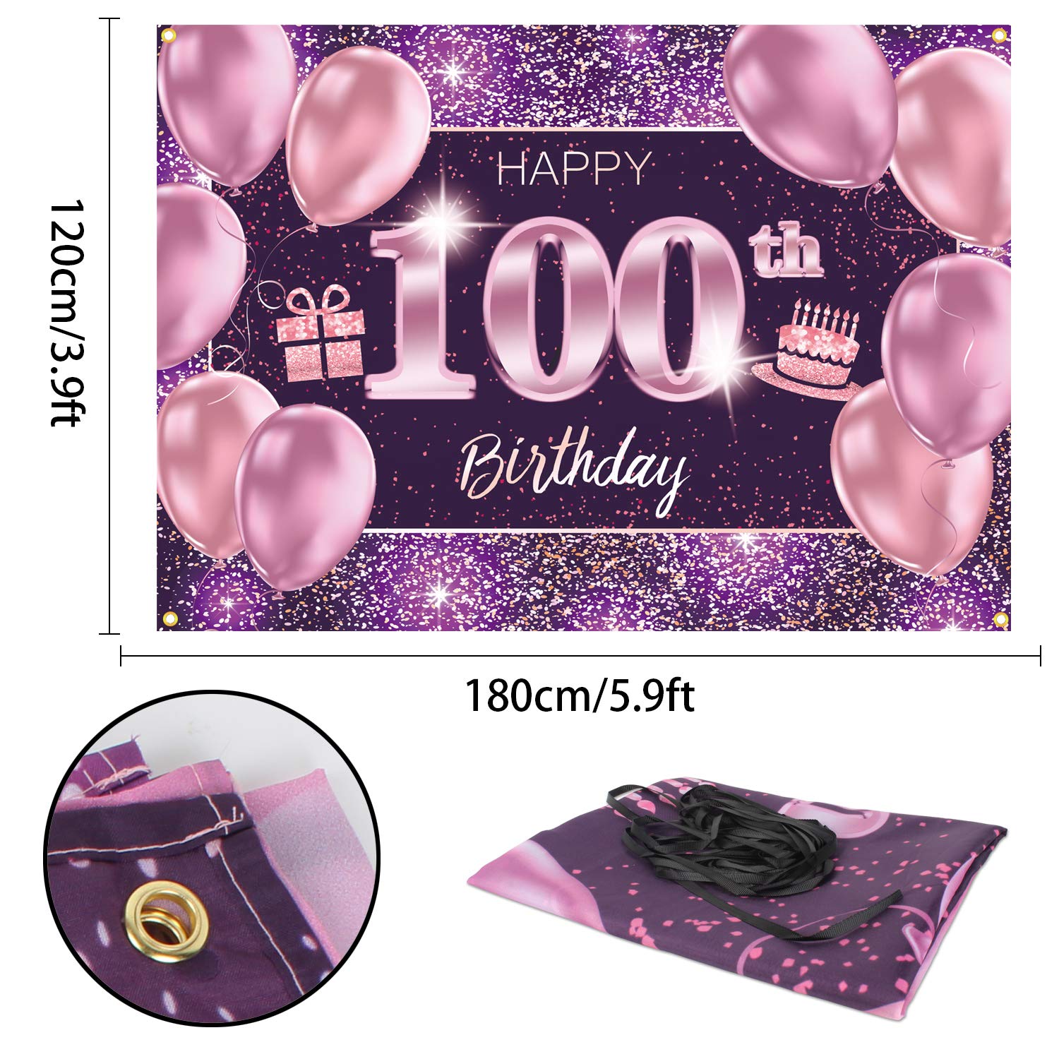Pakboom Happy 100Th Birthday Banner Backdrop - 100 Birthday Party Decorations Supplies For Women - Pink Purple Gold 4 X 6Ft