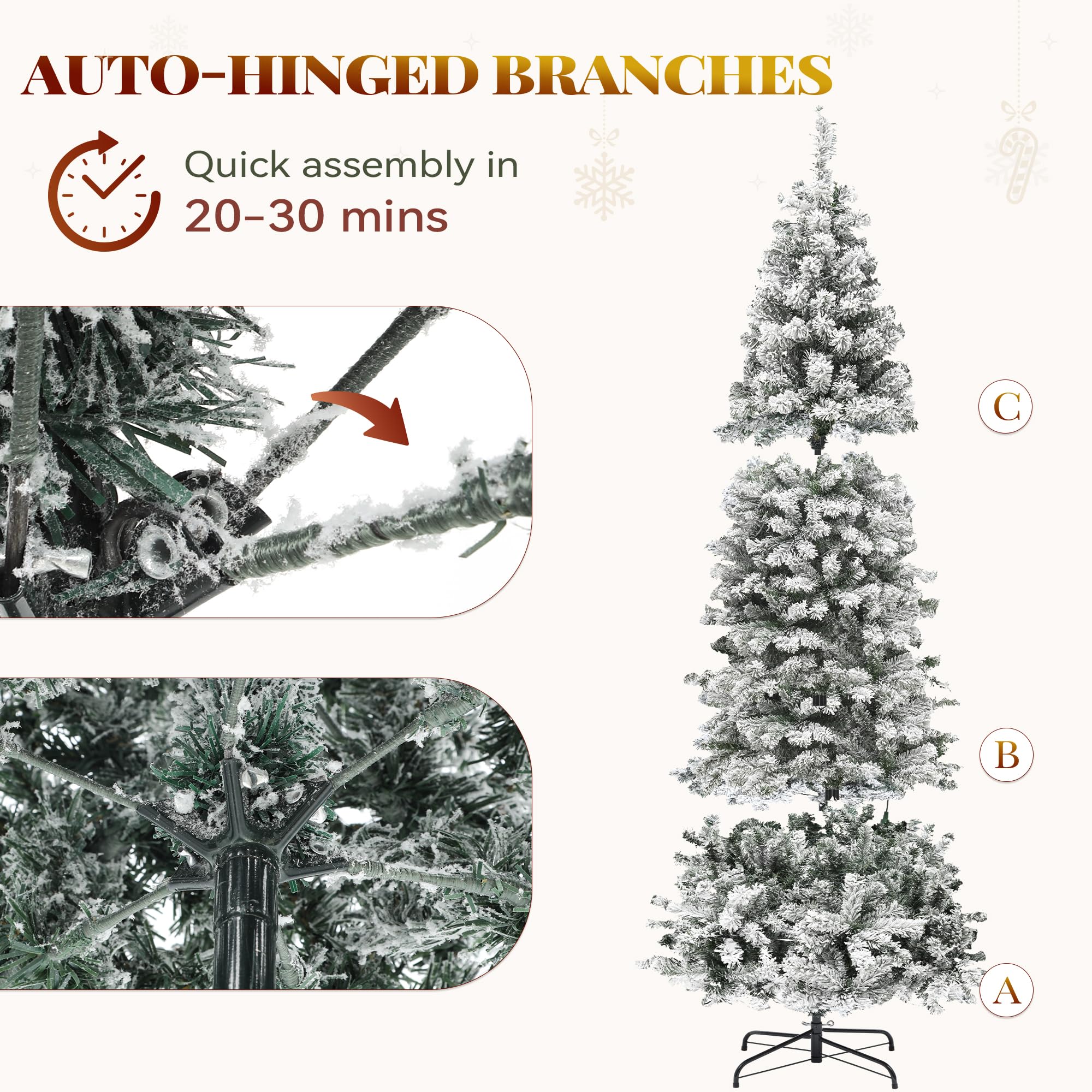 YITAHOME 7.5 FT Snow Flocked Pencil Christmas Tree with Lights, Hinged Slim Corner Xmas Tree w/Remote, Kingswood Fir with 1000 T