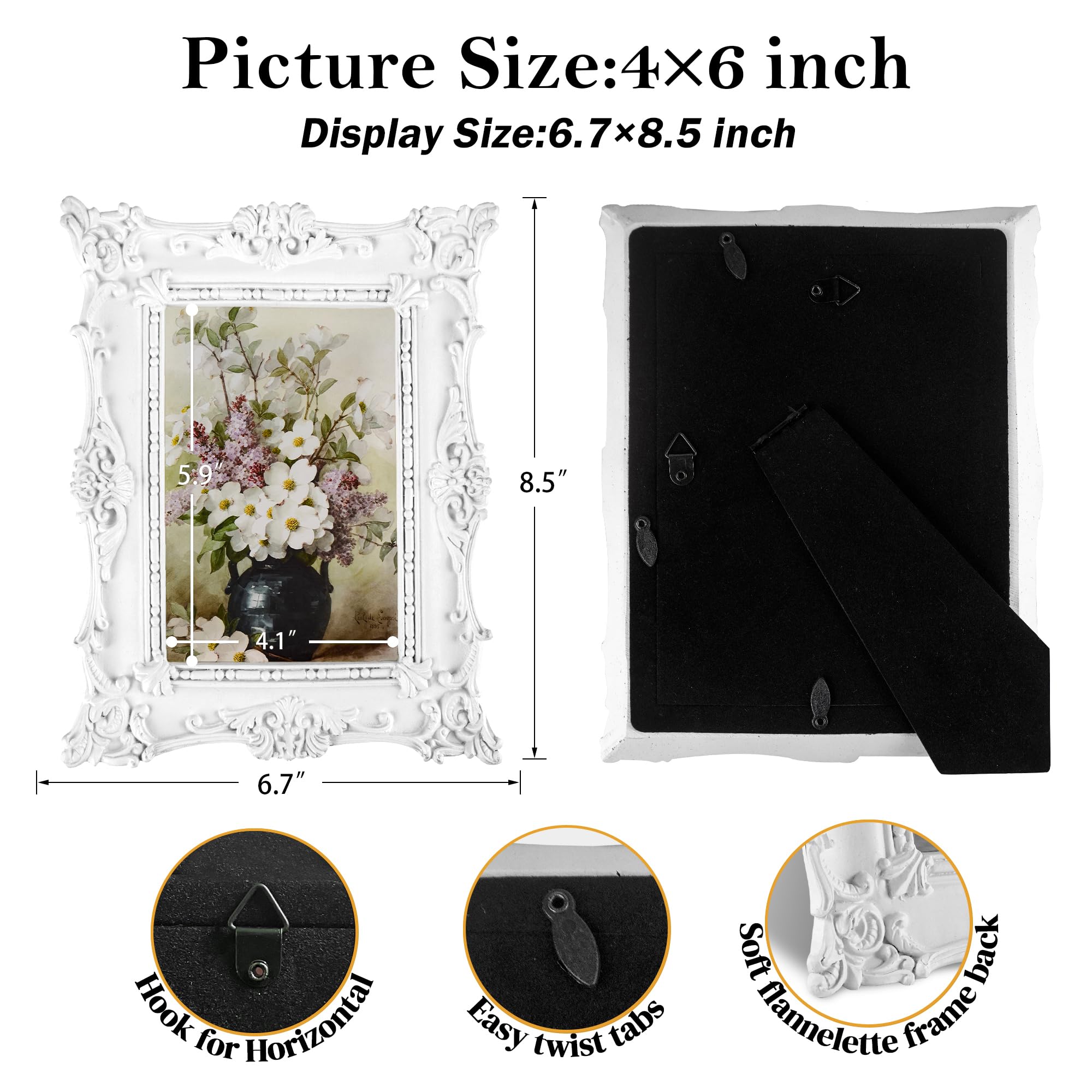 Comfymon 4x6 Vintage Photo Frames, Black Hand-Crafted Resin Photo Frame with Easel & Hook, Home Ornament for Tabletop or Wall Mo
