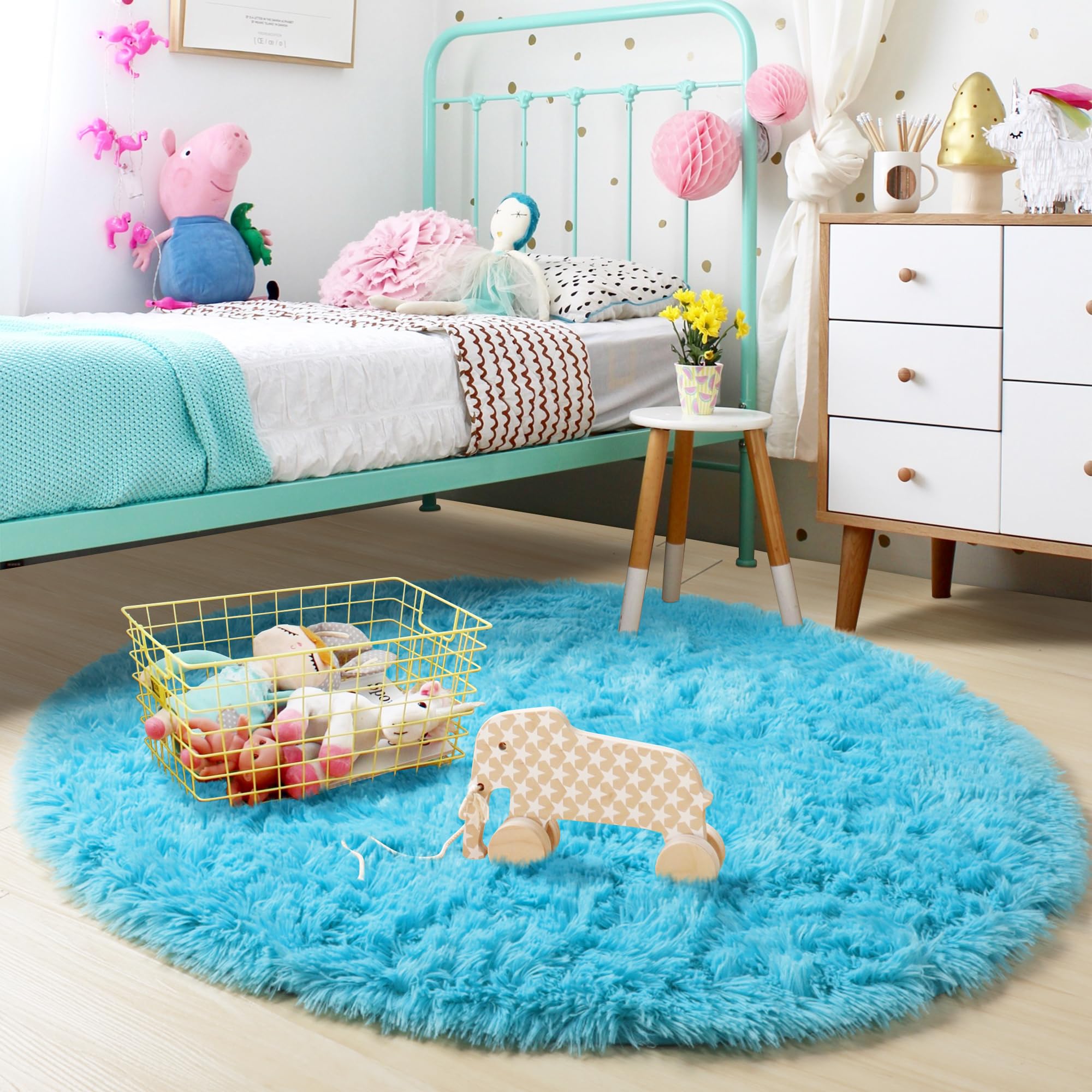 Blue Round Circle Rugs 6Ft for Kids Bedroom, Large Soft Washable Fluffy Area Rug for Teen Girls Boys, Play Room Decor Aesthetic,