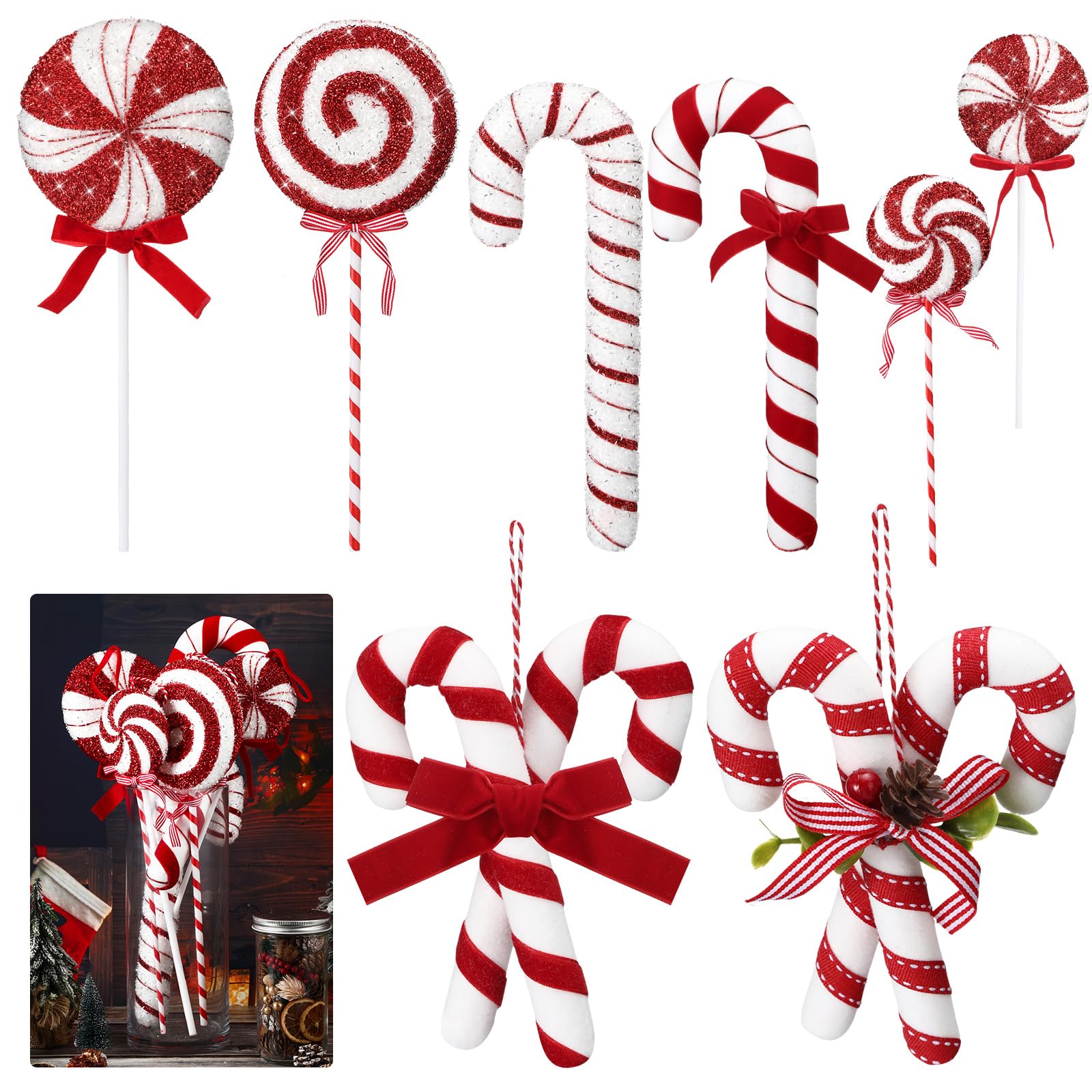 Vercraft 8 Pcs Assorted 16'' Giant Candy Cane Ornaments Red and White Large Lollipop Decoration 4 Mixed Sizes Lollipop Christmas