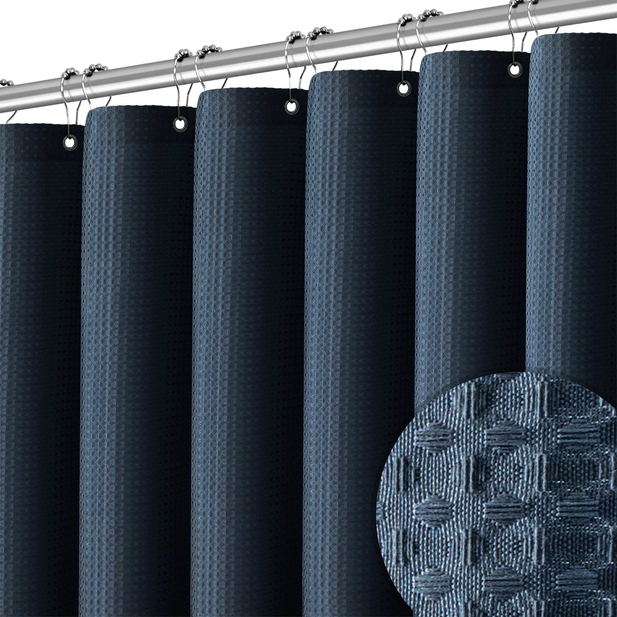 Pangsinne Shower Curtain Blue Water Resistant Waffle Weave Textured Heavy Duty Shower Curtain For Bathroom, 256Gsm Modern Thick