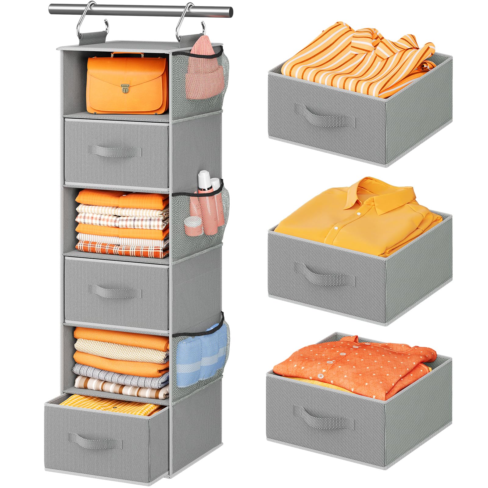 Pipishell Hanging Closet Organizer 6-Shelf, Hanging Shelves for Closet with 3 Removable Drawers & Side Pockets for Bedroom or Ga