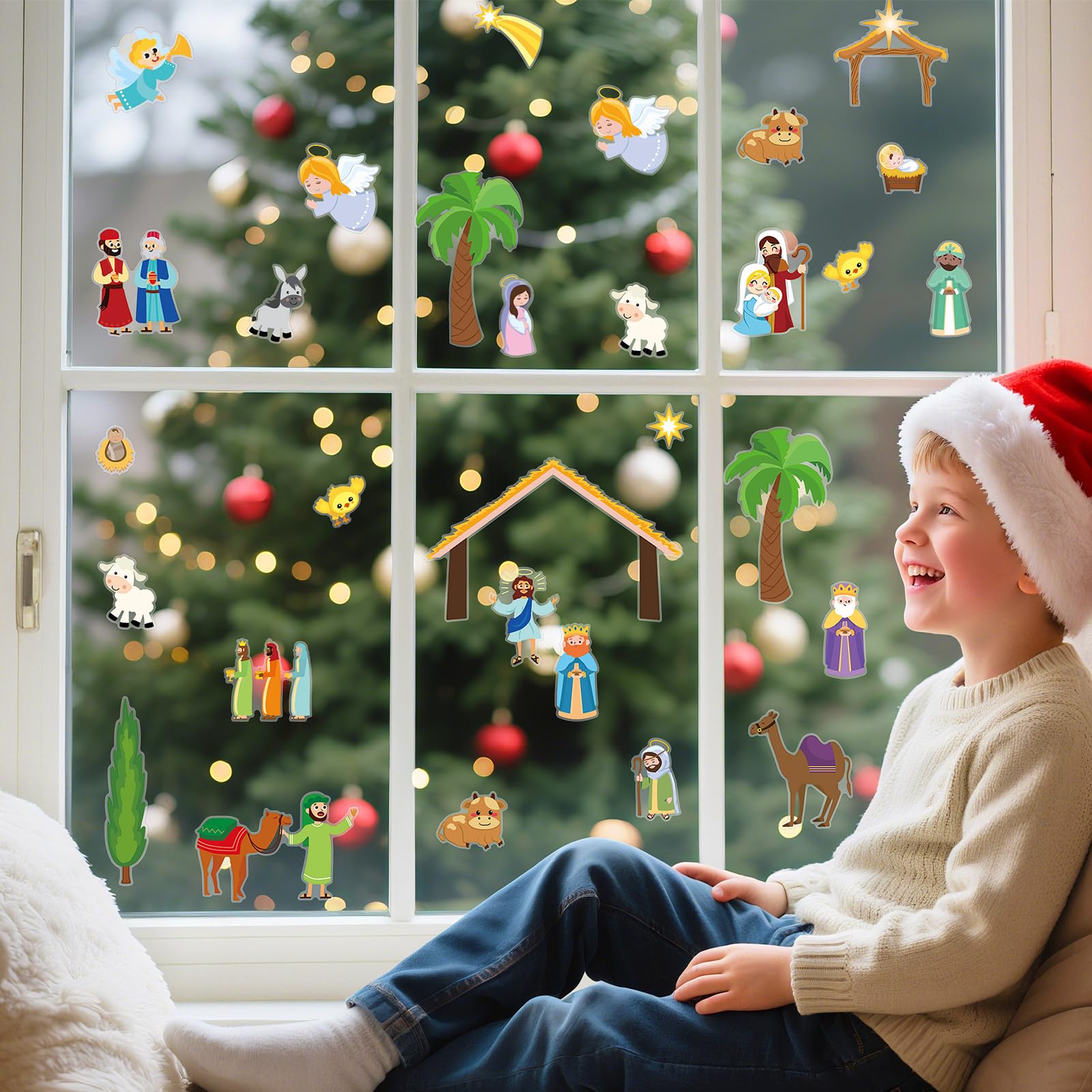 MARFOREVER 50 PCS Nativity Christmas Window Clings Stickers, Christmas Religious Gel Stickers Holy Jesus Thick Gel Clings Decals