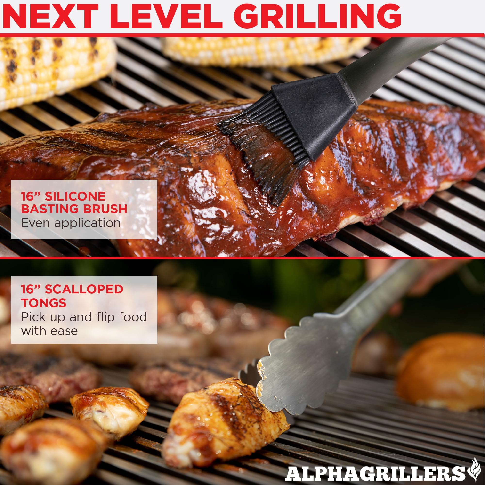Alpha Grillers Grill Set Heavy Duty BBQ Accessories - BBQ Gifts Tool Set 4pc Grill Accessories with Spatula  Fork  Brush & BBQ Tongs - Grilling Cooking Gifts for Men Dad Durable  Stainless Steel