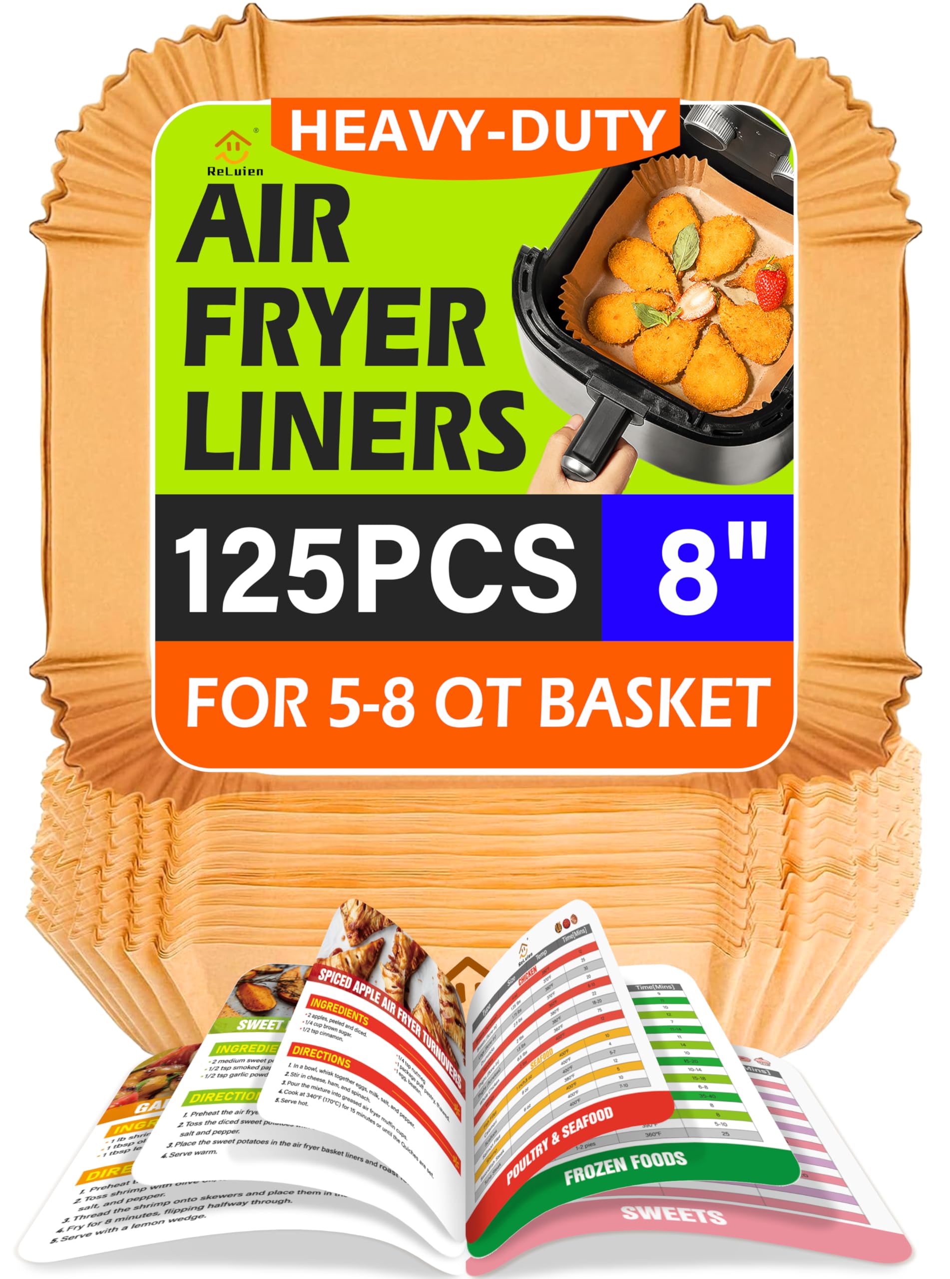 Air Fryer Liners Disposable,125Pcs 8Inch Airfryer Liners with Air Fryer Cheat Sheet Cooking Guide Booklet, Non-Stick Parchment P