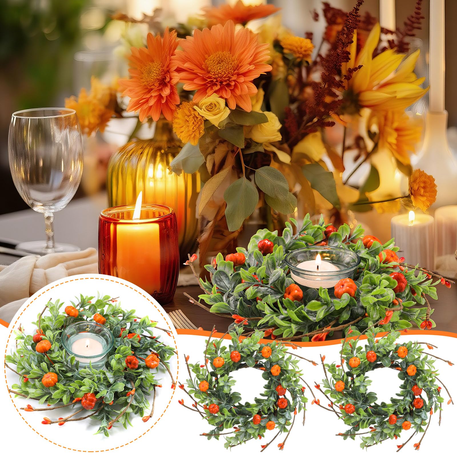 Hotop 6 Pcs Thanksgiving Candle Rings Wreaths Decorative Artificial Small Fall Wreaths Autumn Candle Holders Rattan Garland for