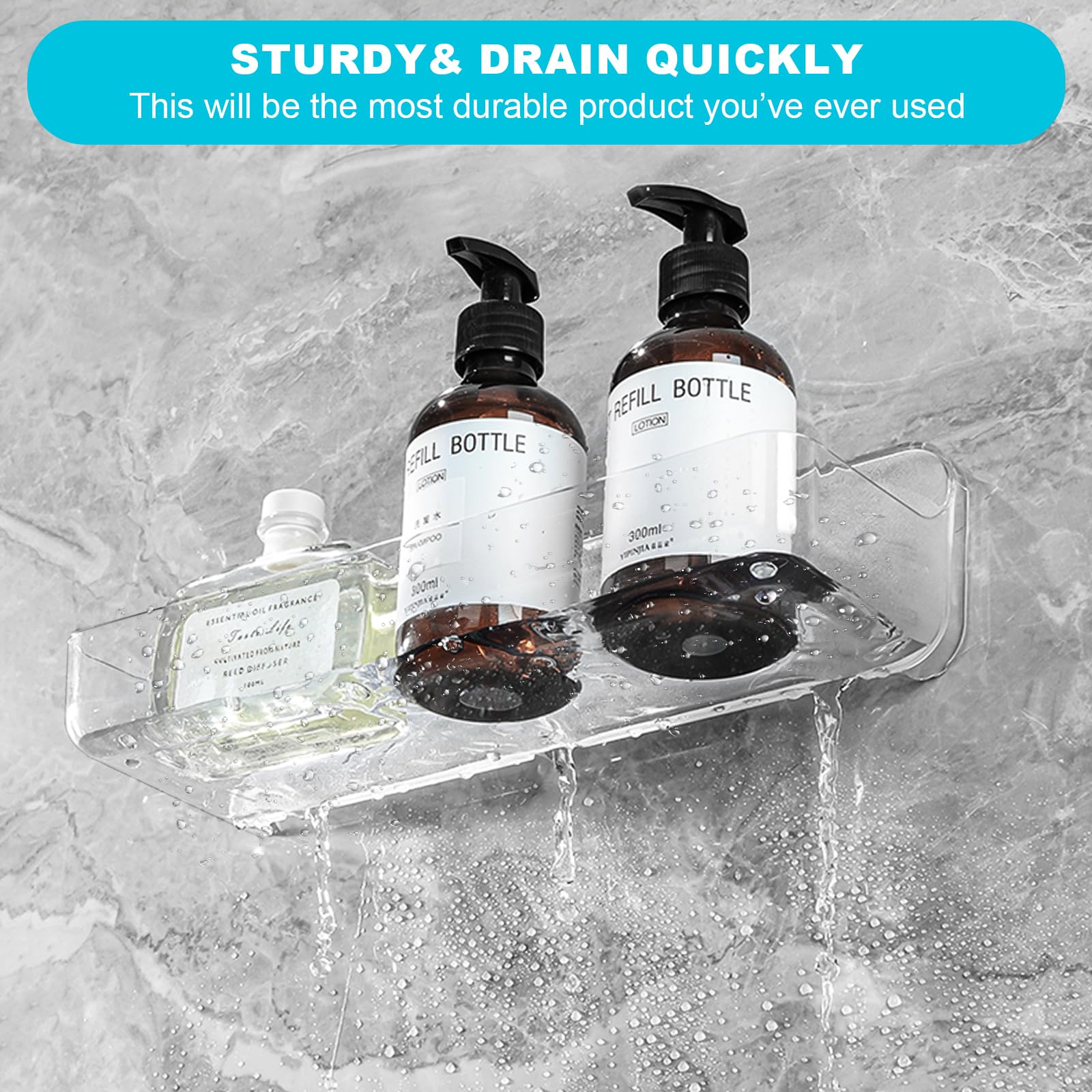 Cgbe 2-Pack Acrylic Shower Shelves, Large Capacity Adhesive Shower Shelf, No Drilling Adhesive Bathroom Shelf With Drain Holes,C