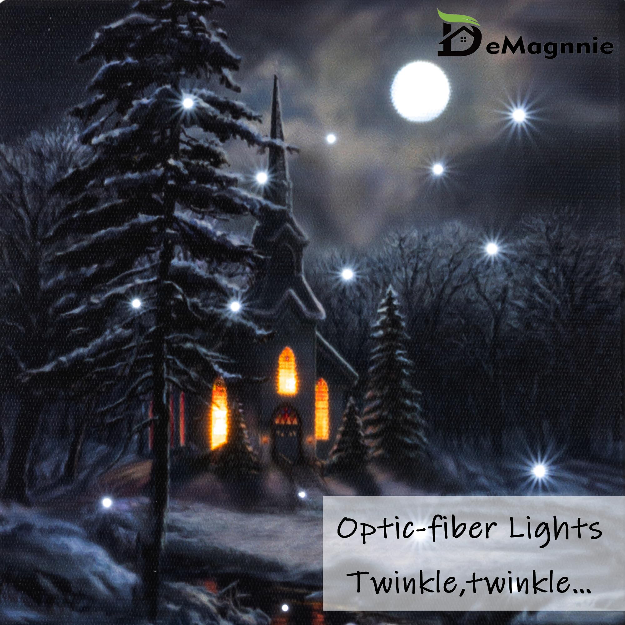 DEMAGNNIE LED Lighted Canvas Art - Winter Church Scene, 8L x 6W, Optic-fiber Lights, Tabletop Decor for Christmas