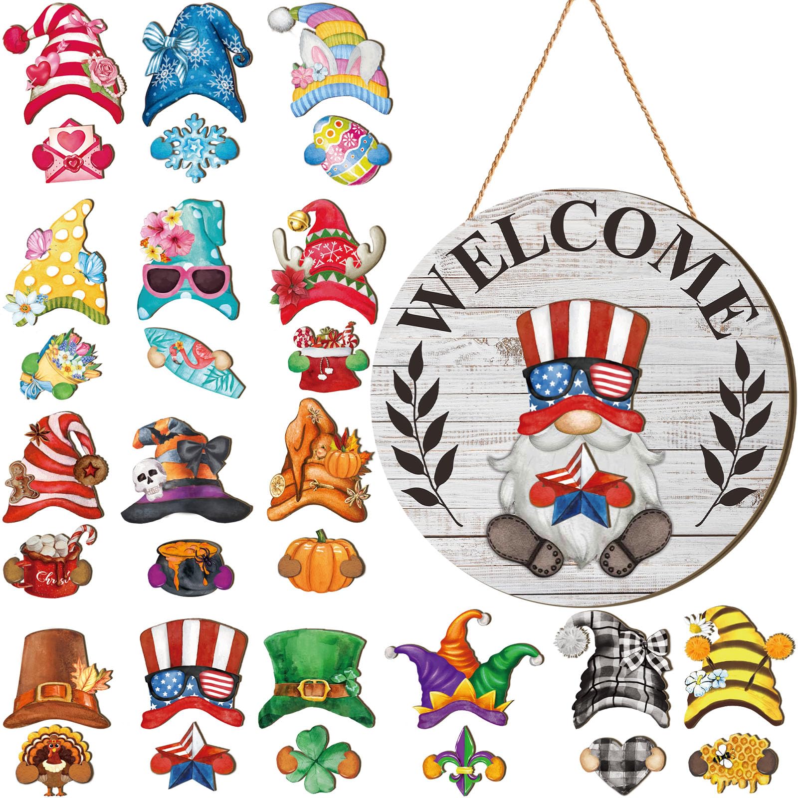 Qunclay 31 Pcs Retro Wood Grain Interchangeable Wooden Gnome Door Hanger Holiday Seasonal Gnome Decorations with Magnet Pieces a
