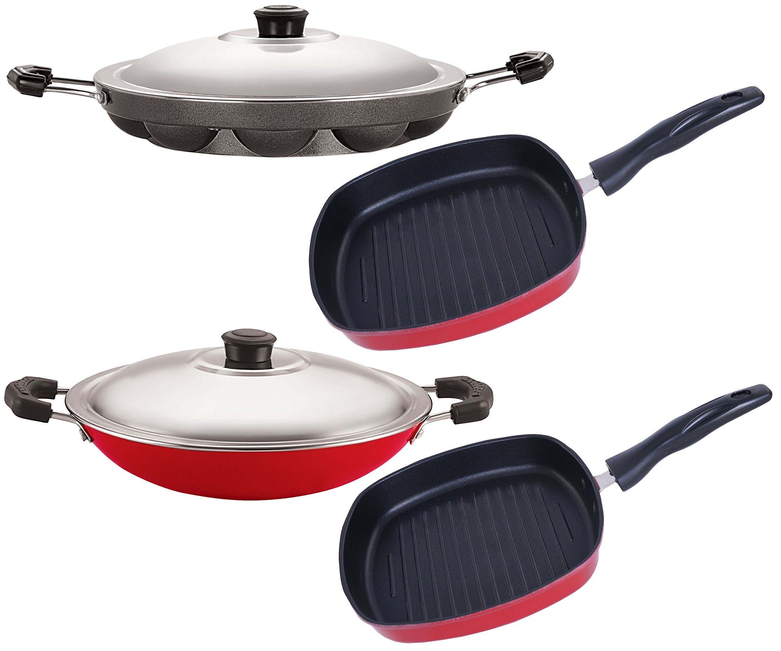 Nirlon NonStick Aluminum Cookware Set, 4Piece, Red And Black (Ap12_Ac_Gp22.5_Gp24)