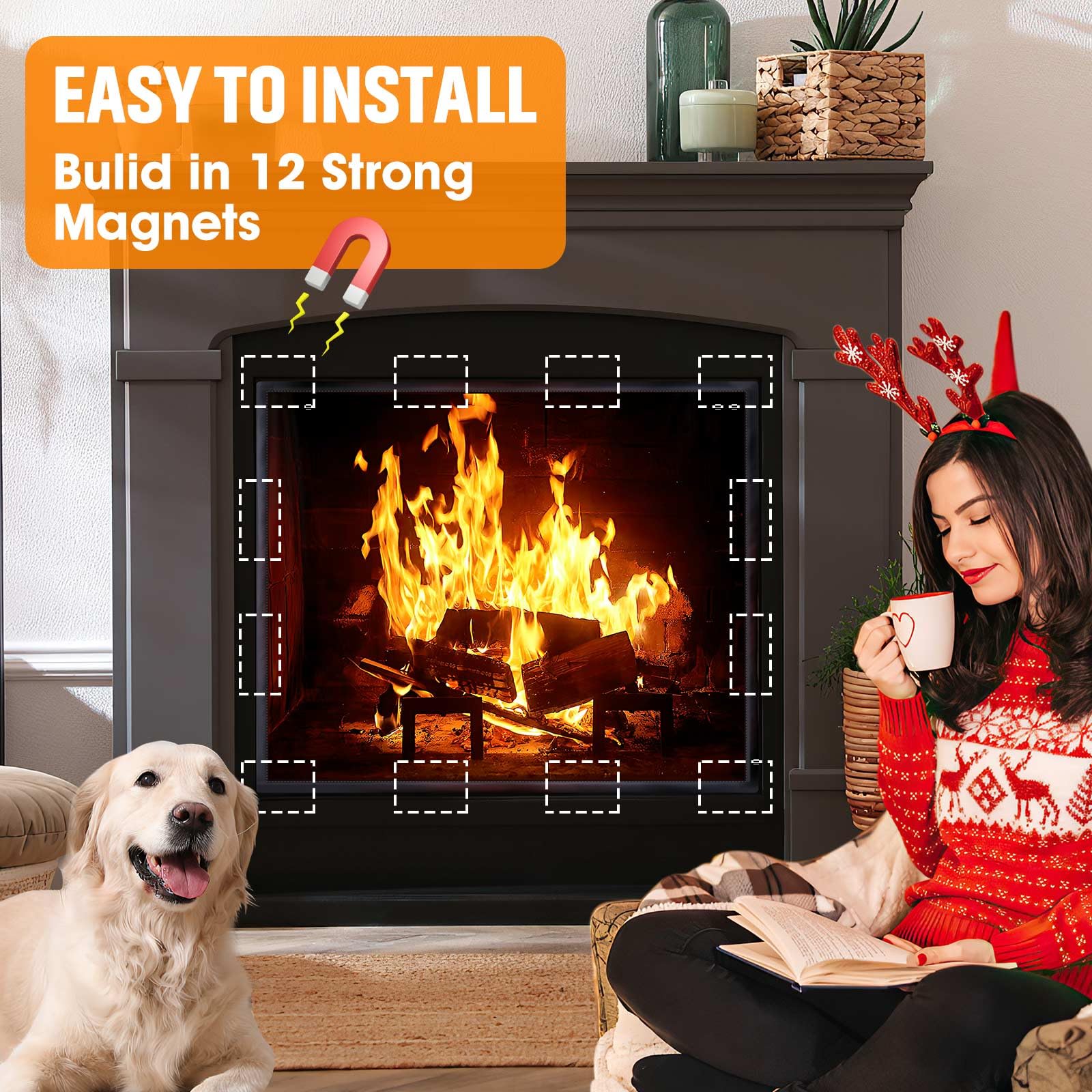 Cadara Magnetic Fireplace Draft Cover, Fireplace Blocker Blanket Stops Heat Loss, Adjustable Fireplace Draft Stopper With 12 Mag