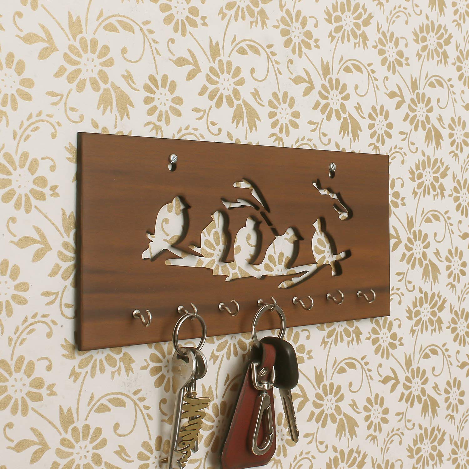 eCraftIndia Brown Birds Sitting On Branches Theme Wooden Key Holder with 7 Hooks  Key Organizer for Home and Office in Kitchen,