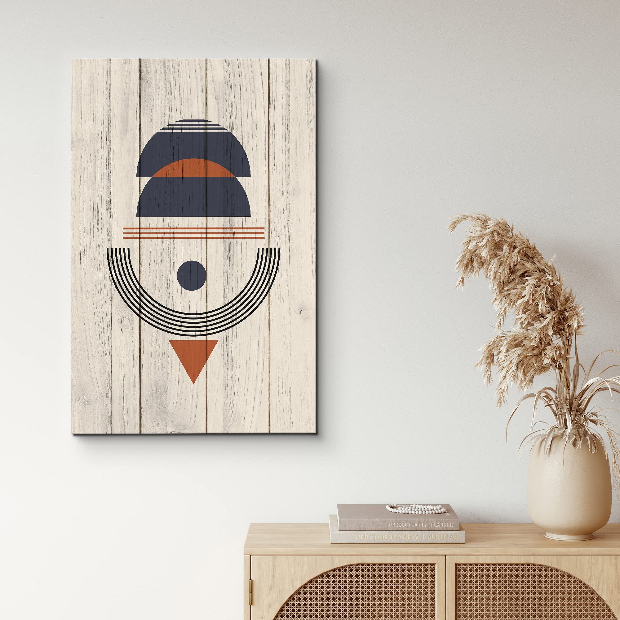 Nwt Canvas Print Wall Art Blue & Orange Semi Circles On Wood Panels Geometric Shapes Illustrations Modern Art Bohemian Group Rel