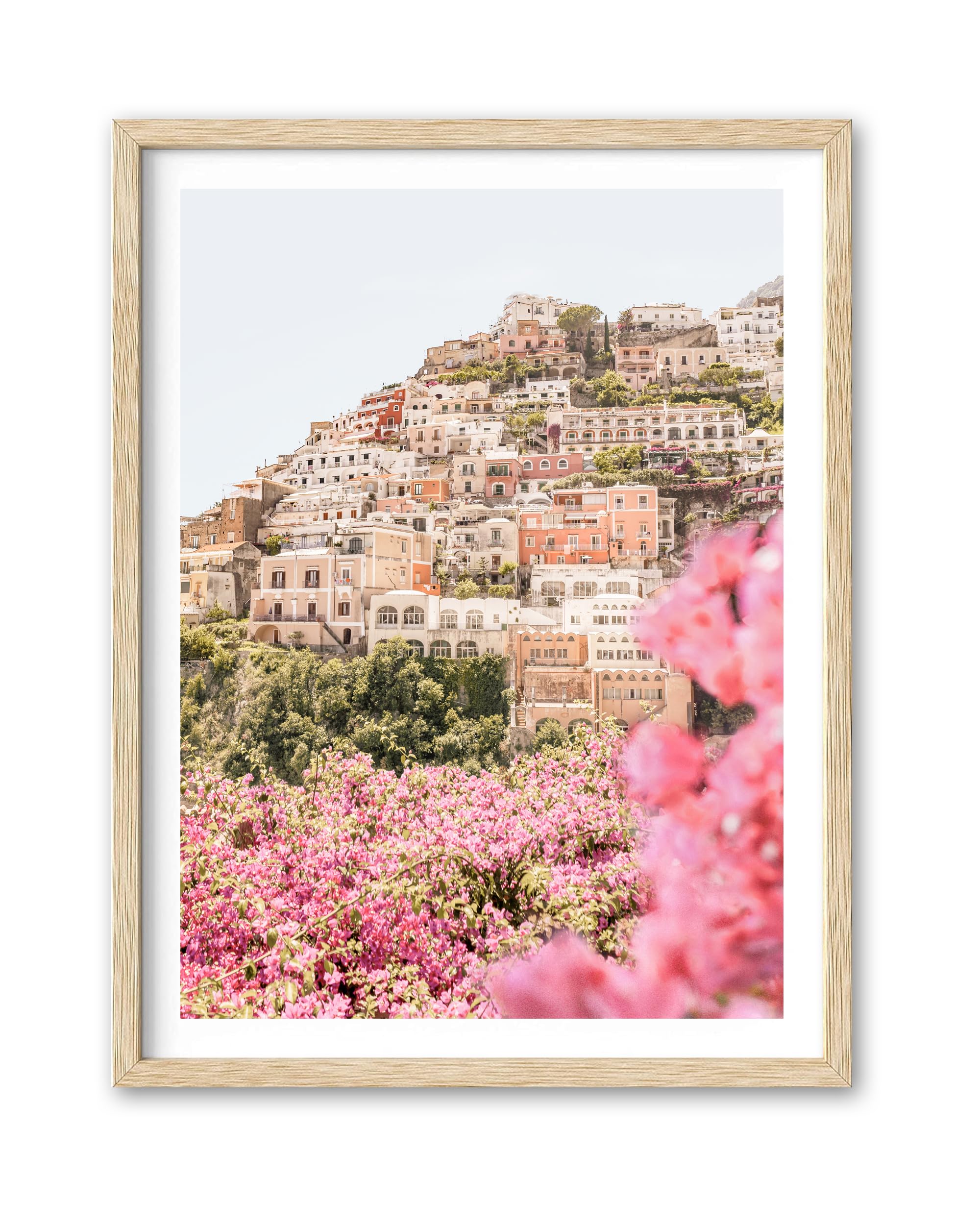 HesenDot Natural OAK Wood Amalfi Coast Framed Wall Art,12x16in Italy Beach Canvas Wall Print, Pink Flowers House Boho Wall Decor