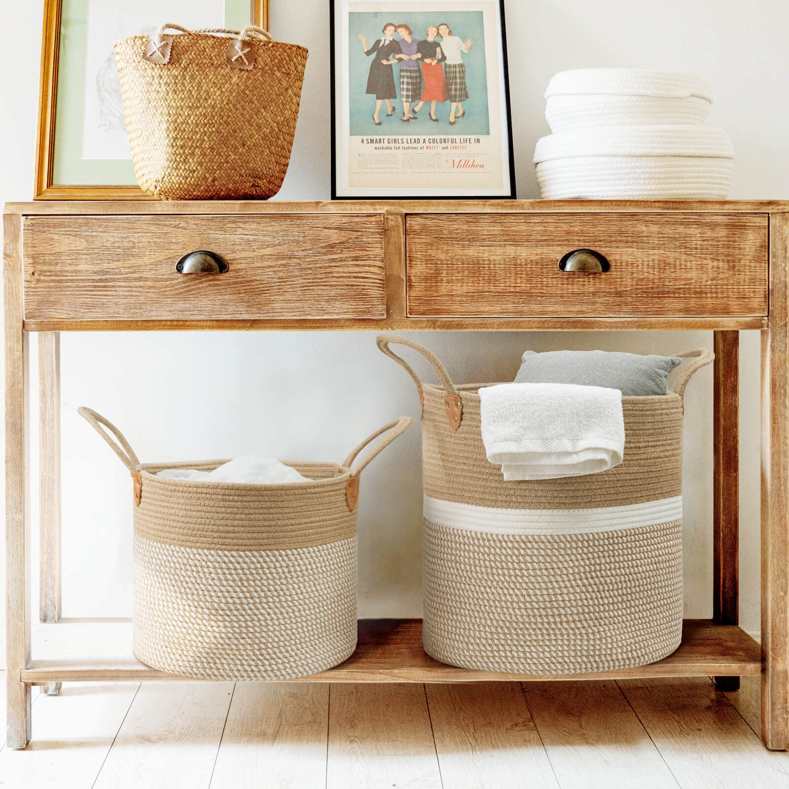 CHICVITA Extra Large Jute Basket Woven Storage Basket with Handles - Laundry Basket Toy Towels Blanket Basket Home Decor Gift  16'' x 16''  White