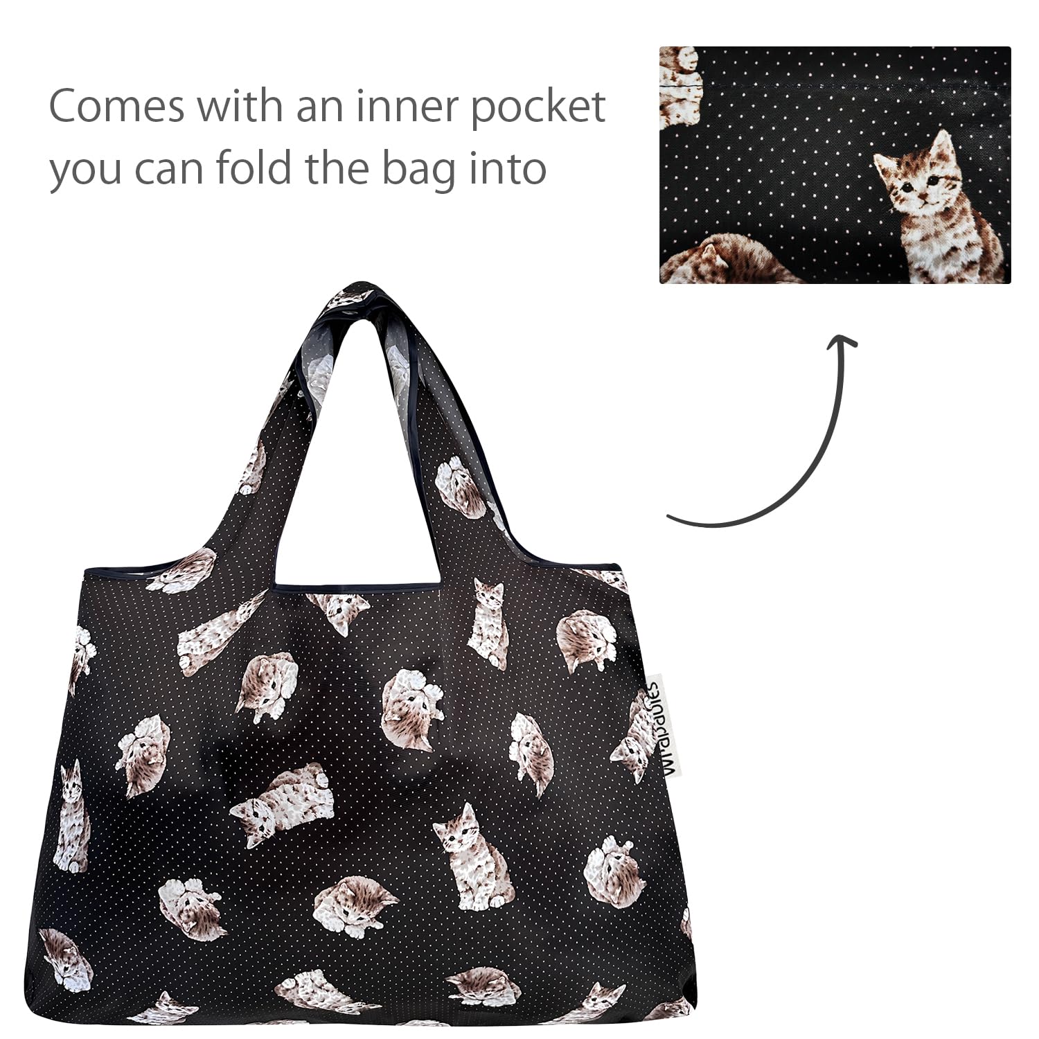 Allydrew Large & Small Foldable Tote Nylon Reusable Grocery Bags, Set Of 2, Cute Kitty
