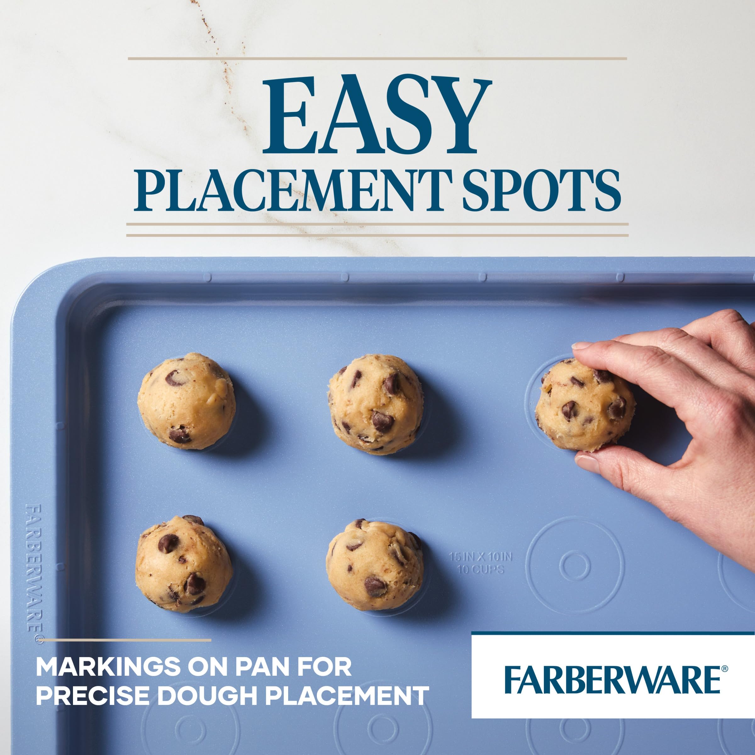 Farberware Easy Solutions Nonstick Bakeware Cookie Pan/Baking Sheet With Drop Zones And Portion Marks, 10 Inch X 15 Inch - Blue