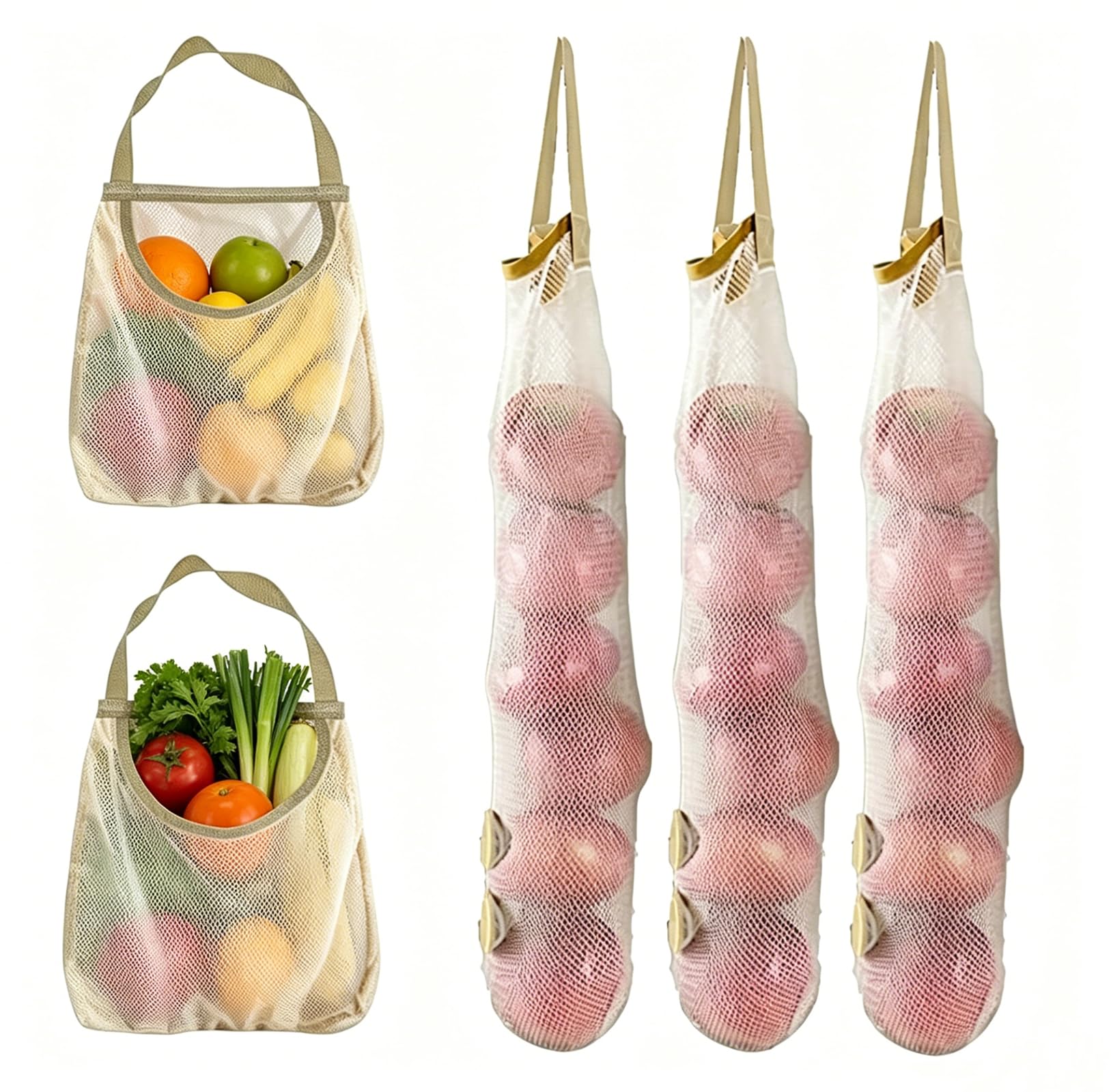 AHYUAN 5 Pack Hanging Mesh Storage Bags For Vegetables,Potatoes,Onions,Garlics,Long and Large Reusable Net Storage Tote Bags for