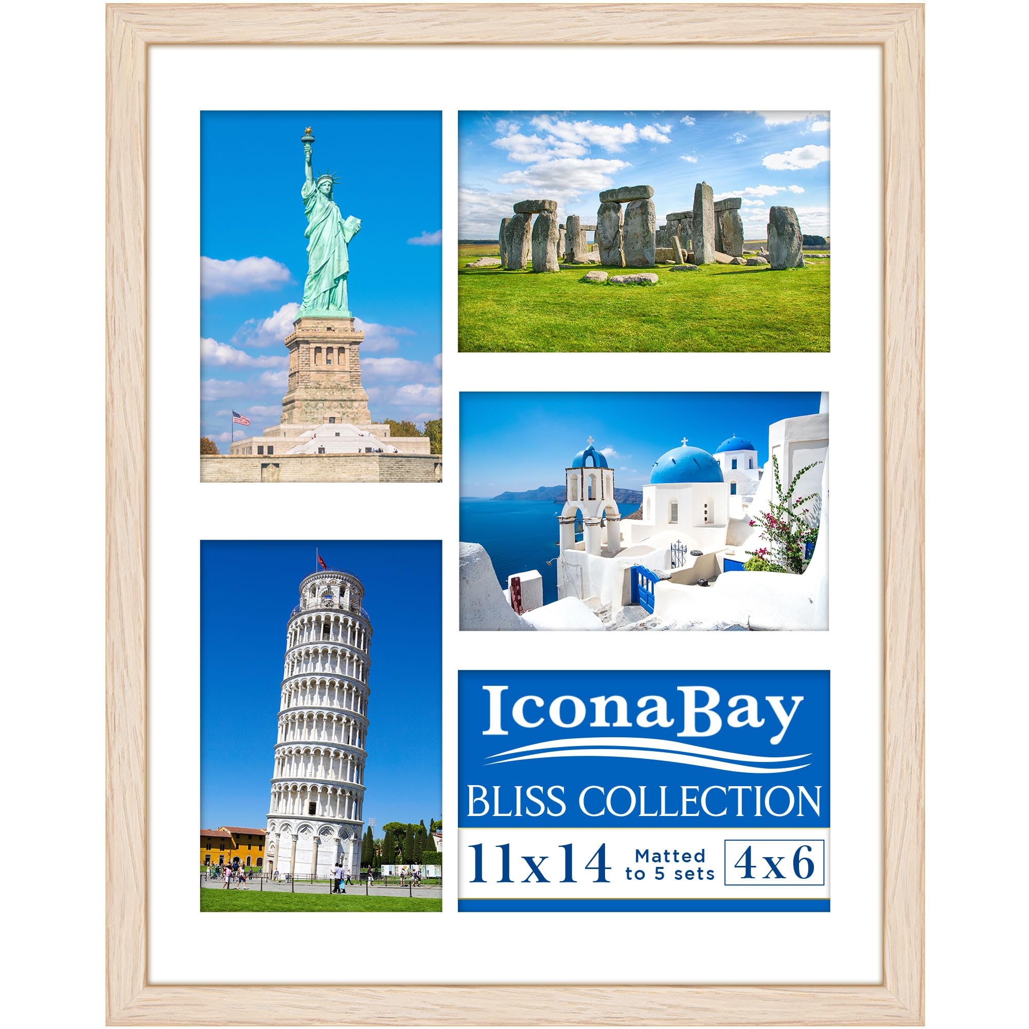 Icona Bay - 11x14 Light Oak Collage Picture Frame with Removable Mat for 5-4x6 Photos - Modern Style Engineered Wood Frame - Wal