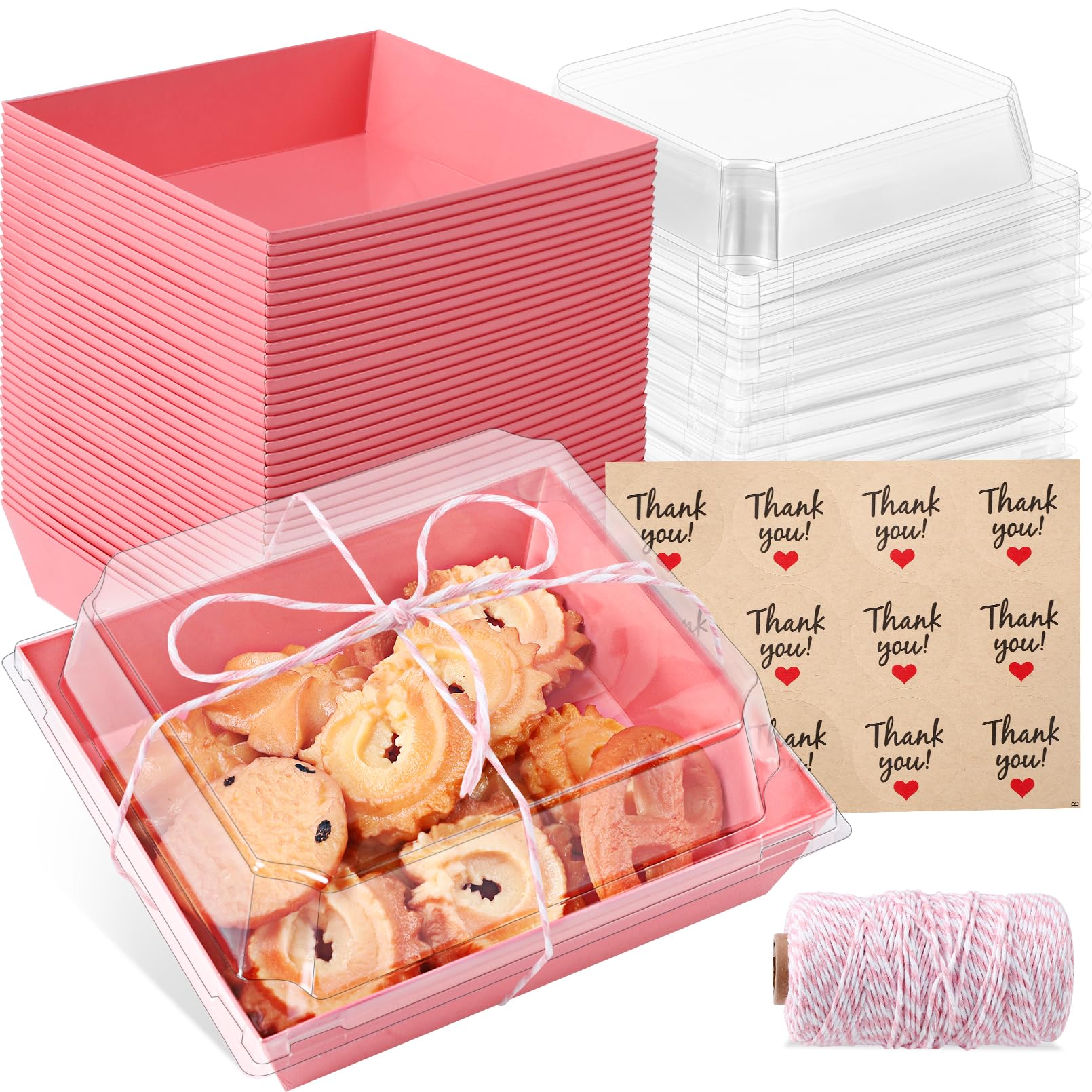Xvvirnt 50 Pack Small Charcuterie Boxes with Clear Lids,5 inches Disposable Food Containers,Pink Dessert Boxes with Thank You St