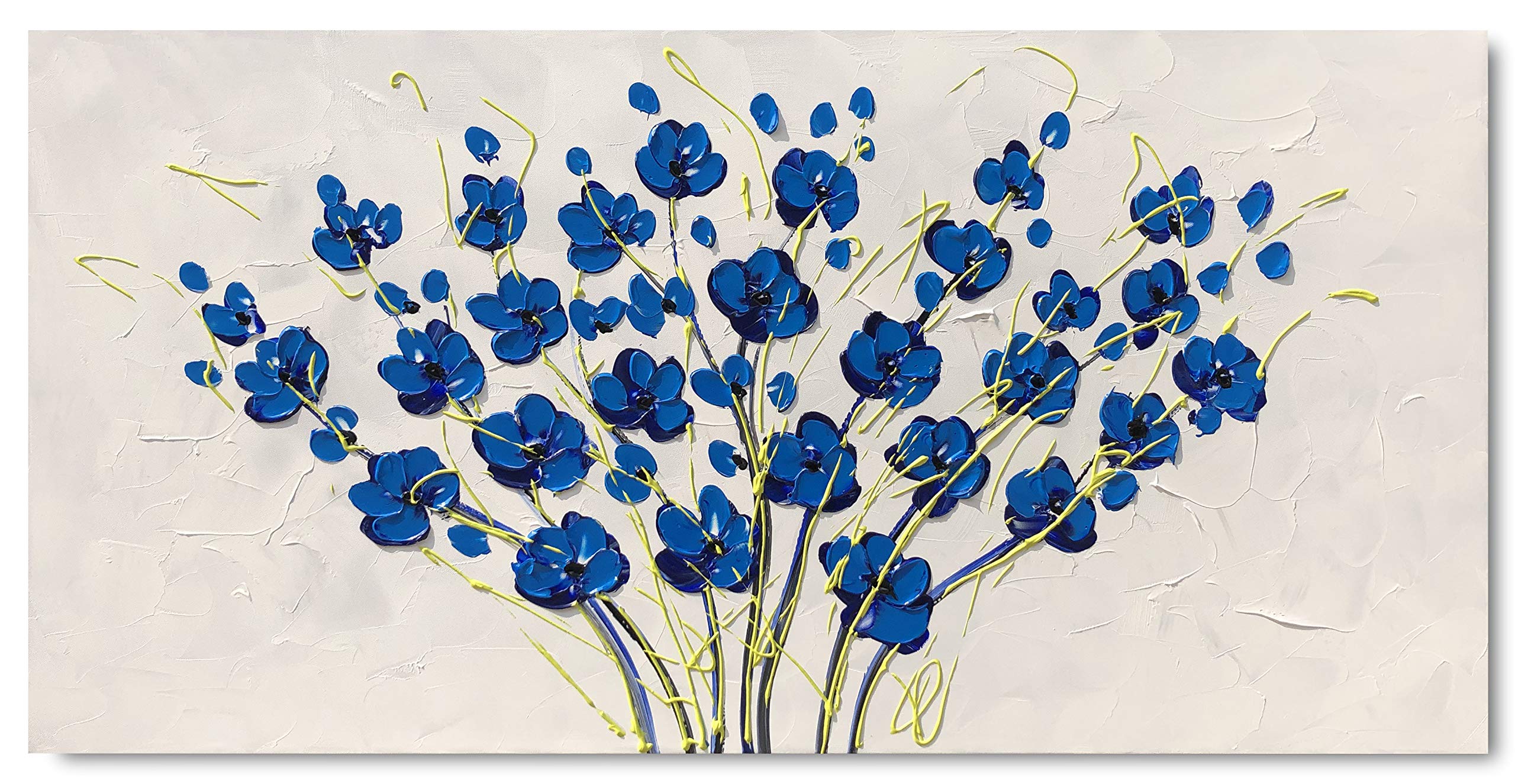 Yihui Arts Blue Flower Canvas Wall Art Painting Pictures Modern 3D Effect Artwork With Framed For Office Decor