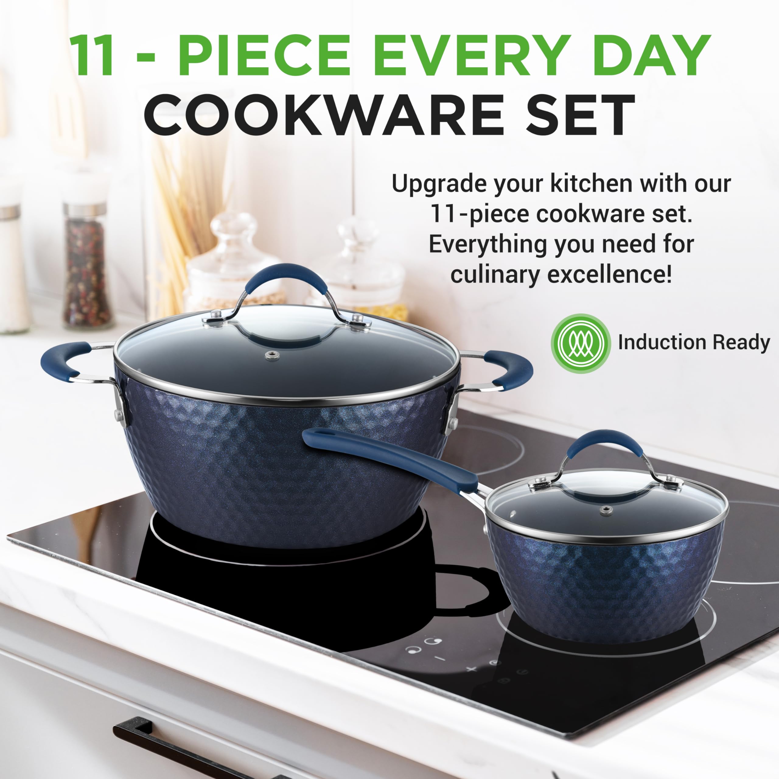 NutriChef 11 Pc Blue Diamond Nonstick Ceramic Cookware Set - Durable Pots, Pans, and Utensils with Cool-Touch Handles