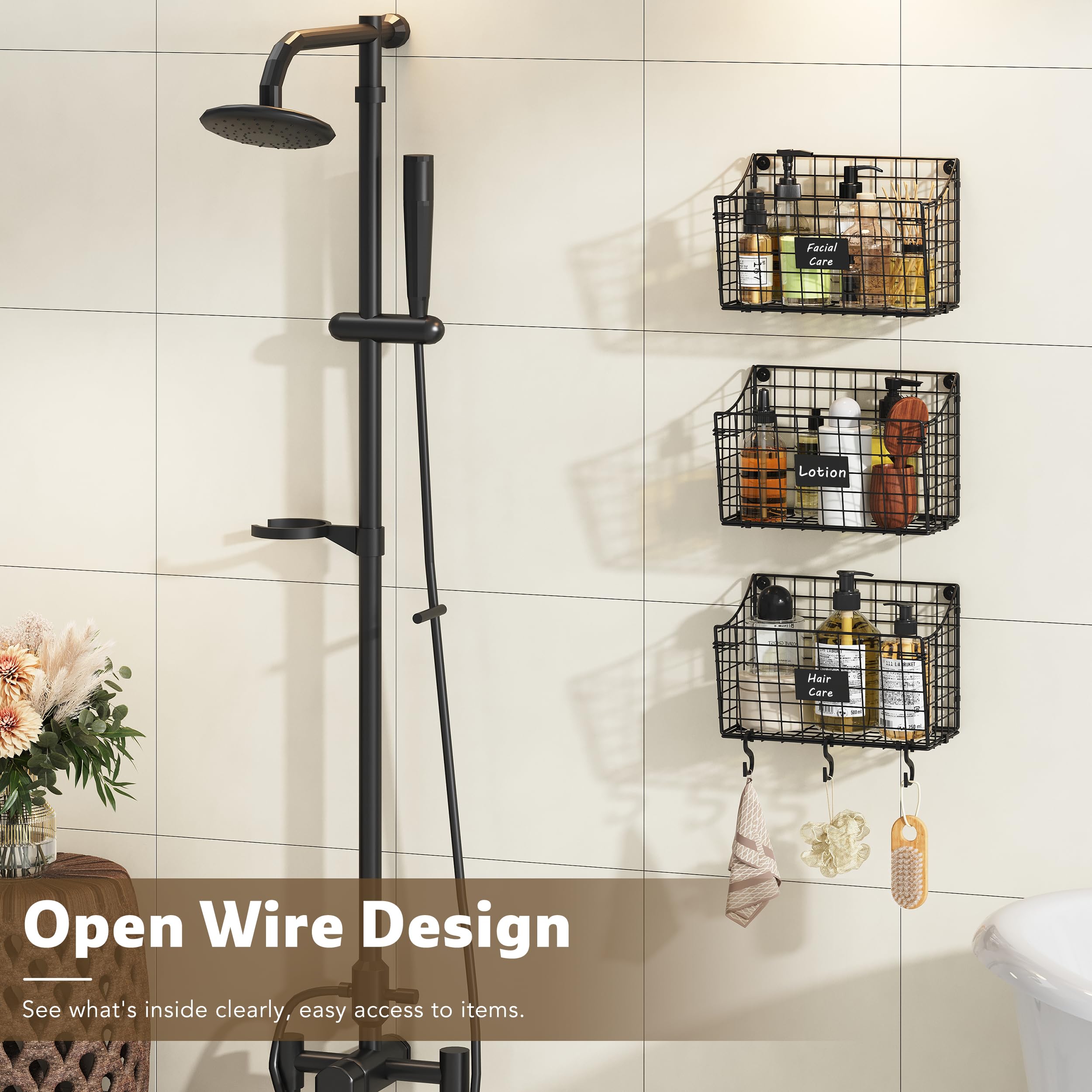 Wall Mounted Bin Basket With 5 Hooks 3 Label Plate Adhesive-3 Pack, Cabinet Hanging Metal Wire Basket,Rustic Farmhouse Decor, St